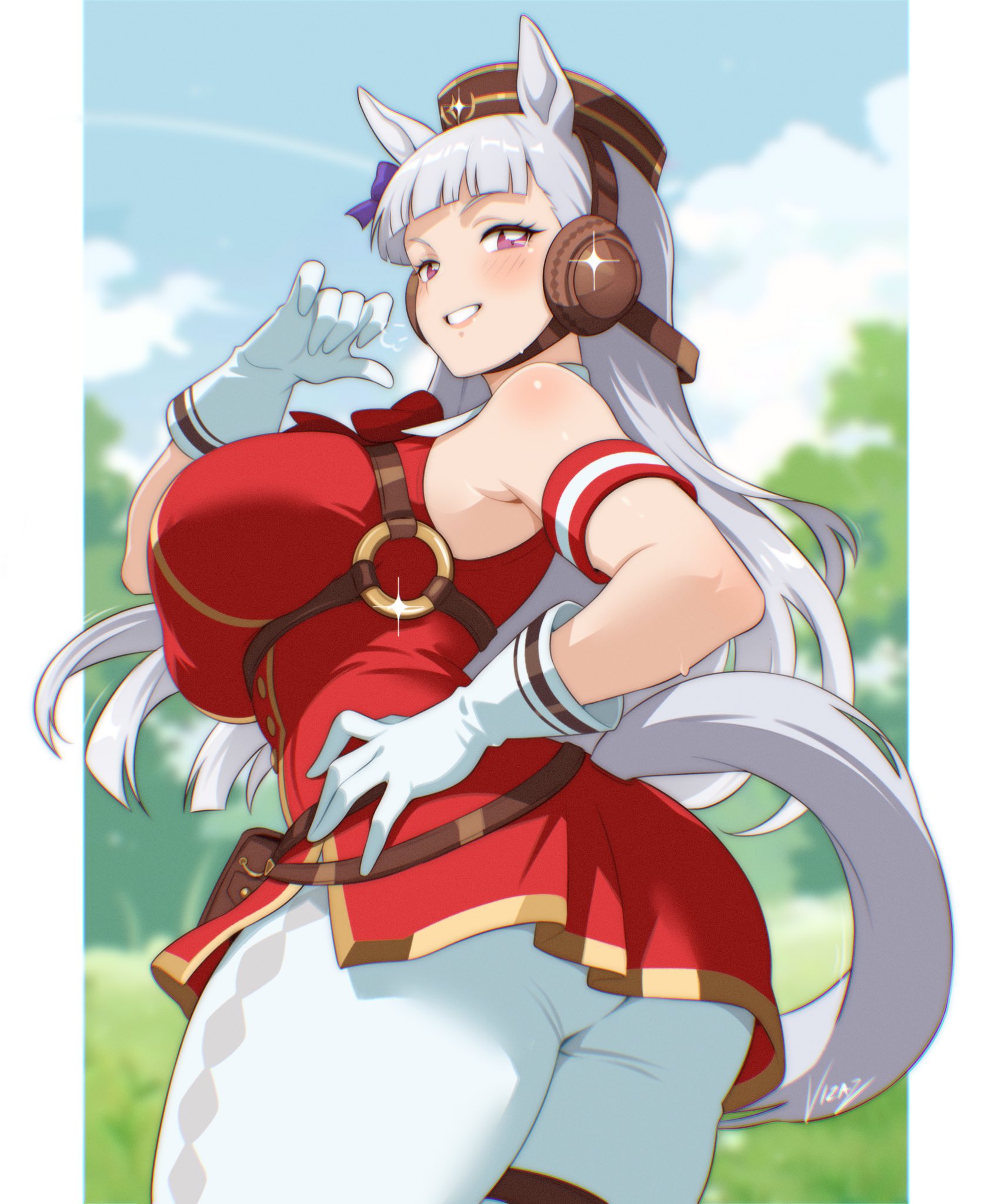 animal humanoid, ass, bangs, bare shoulders, big breasts, blue sky, blunt bangs, blush, blush lines, breasts, clothing, cygames, day, digital drawing (artwork), digital media (artwork), dress, equid, equid humanoid, equine, equine humanoid, female, gloves, gold ship (umamusume), grey hair, grin, grinning at viewer, hair, hand on hip, handwear, hat, headgear, headwear, hi res, horse humanoid, horse tail, humanoid, legwear, long hair, looking at viewer, looking back, mammal, mammal humanoid, outside, pantyhose, pillbox hat, purple eyes, red clothing, red dress, sky, sleeveless dress, smile, smiling at viewer, solo, sparkles, umamusume, umamusume pretty derby, vizaz, white clothing, white gloves, white handwear, white legwear, white pantyhose