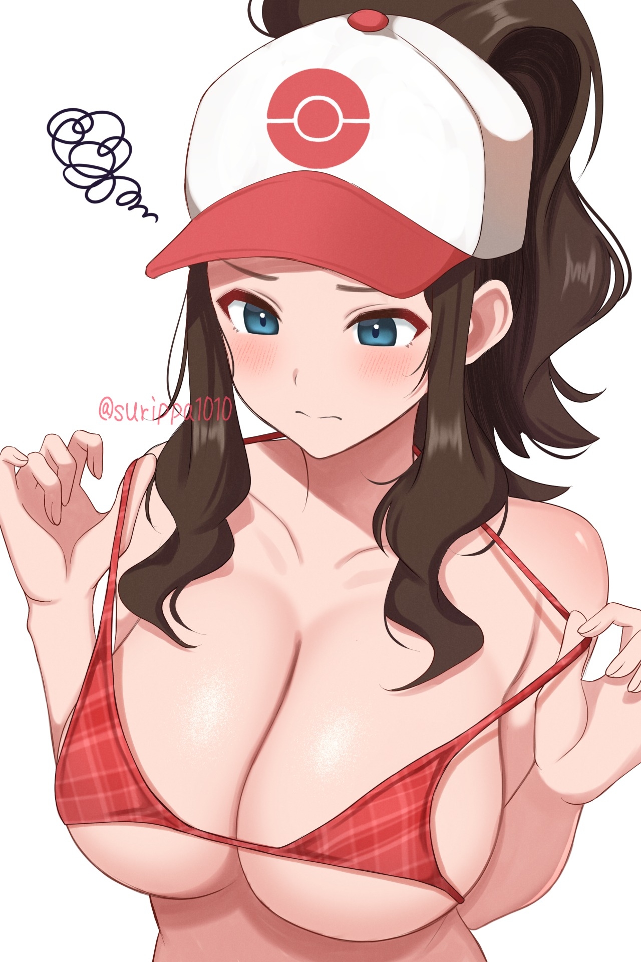 1girls, bare arms, bikini, bikini pull, blue eyes, blush, brown hair, clothes pull, collarbone, commentary request, embarrassed, female, female only, game freak, hat, highres, hilda (pokemon), long hair, micro bikini, nintendo, pokemon, pokemon bw, ponytail, red bikini, sidelocks, simple background, solo, squiggle, standing, surippa1010, swimsuit, upper body, white background