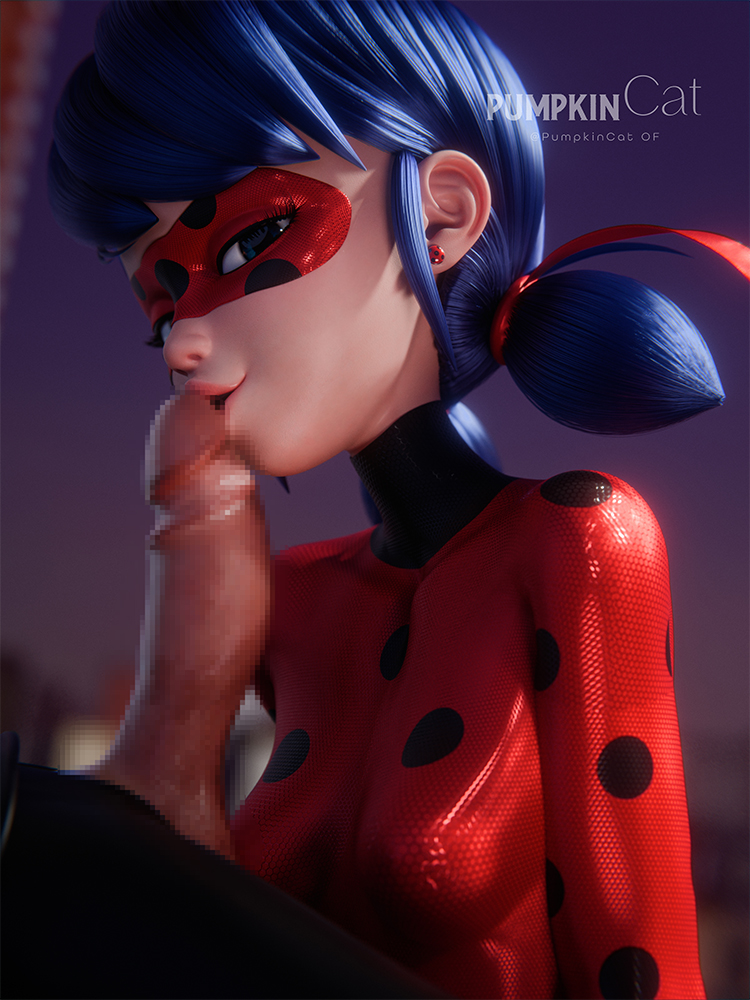1girls, 3d, adrien agreste, artist logo, artist name, blue eyes, blue hair, cat noir, censored, censored penis, chat noir, clothed, clothed female, domino mask, earring, female, female focus, kissing penis, ladybug (character), looking at viewer, marinette dupain-cheng, miraculous ladybug, miraculous: tales of ladybug and cat noir, mosaic censoring, partial male, penis, pigtails, pumpkincat, riding, straight, superheroine