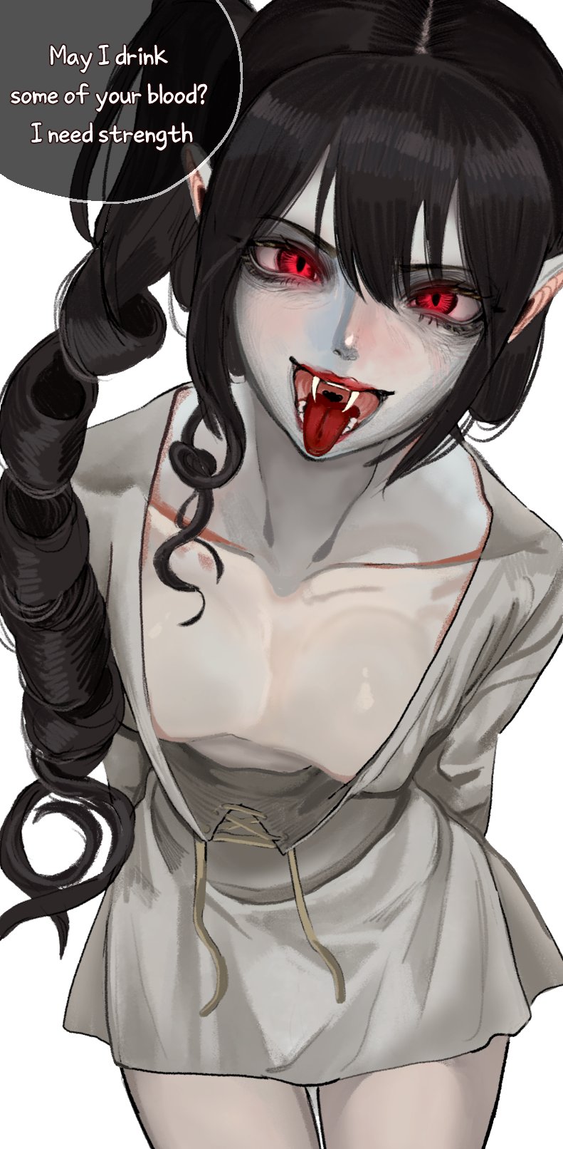 101ho, 1girls, black hair, breasts, challenge, comic, downblouse, fangs, female, flat chest, lipstick, long hair, no bra, pale skin, pale-skinned female, ponytail, text, vampire, vampire & hunter challenge (101ho), vampire girl, vampire lady's sister (101ho), warhammer (franchise), warhammer fantasy, white body, white skin, yellow eyes