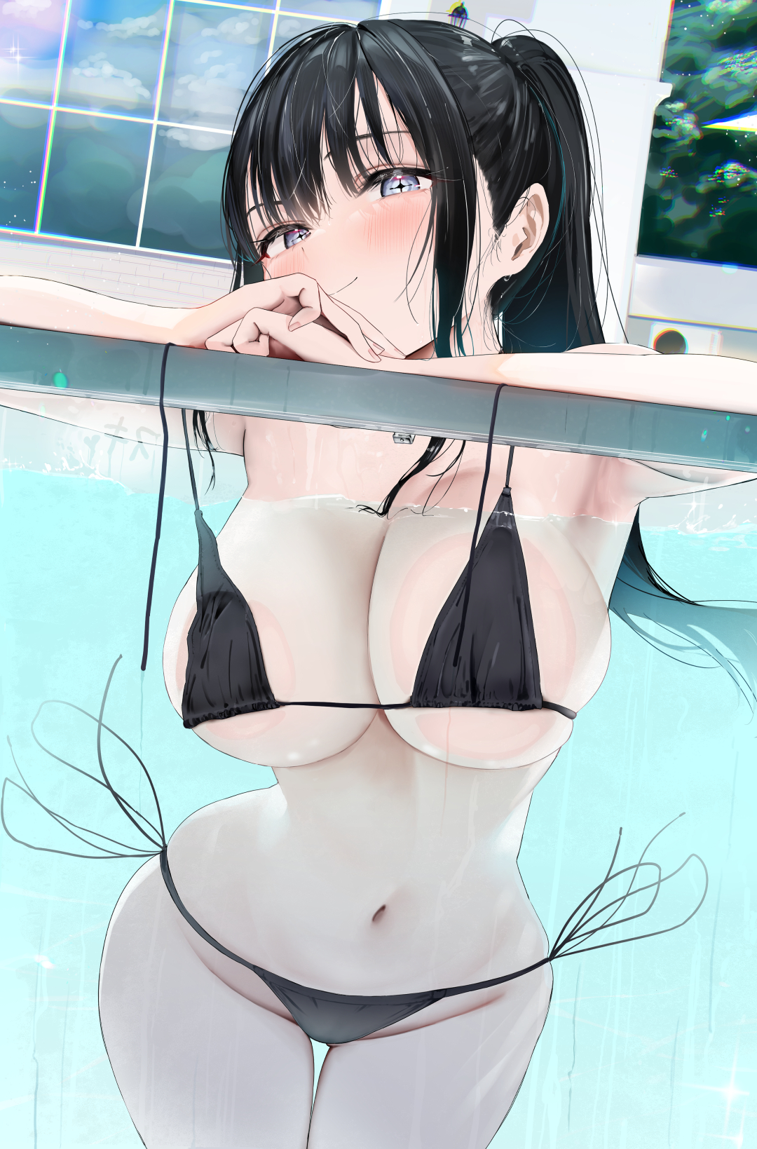 1girls, black bikini, black hair, breasts, female, gyoku seisyoku, large breasts, long hair, looking at viewer, original, pool, tagme