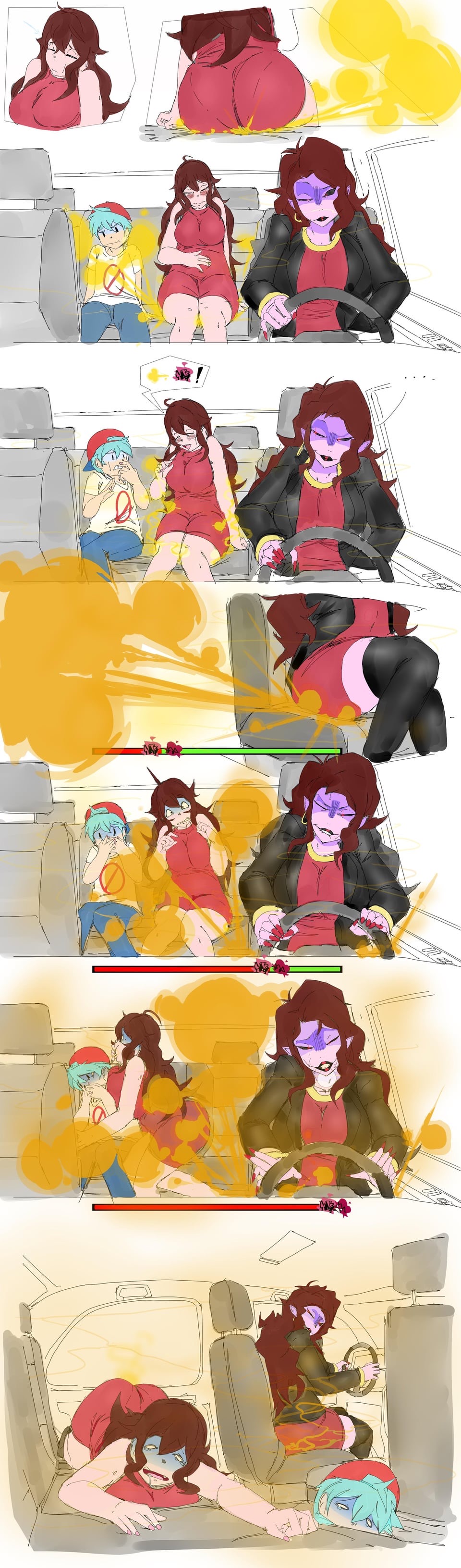 1boy, 2girls, boyfriend (friday night funkin), disgusted, fart, fart contest, fart fetish, fart hotbox, fart torture, farting, farting contest, female, friday night funkin, gameplay mechanics, girlfriend (friday night funkin), grossed out, hotbox, lazei, mommy mearest, trapped