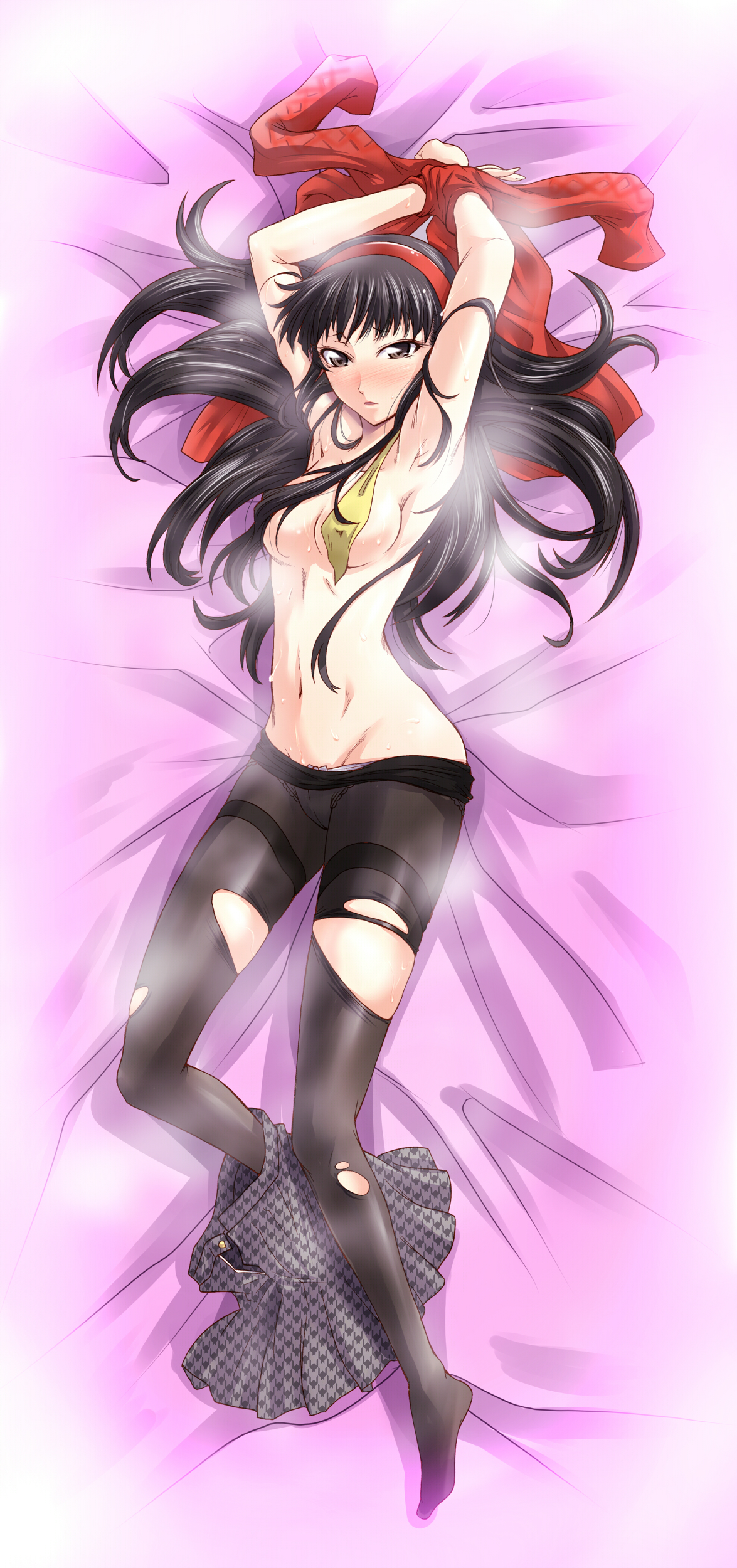 absurdres, amagi yukiko, armpits, arms up, atlus, black eyes, black hair, blush, bondage, bound, breasts, censored, convenient censoring, dakimakura, dakimakura (medium), female, female focus, full body, hair censor, hair over breasts, hairband, highres, long hair, lying, miniskirt, navel, no bra, panties, panty pull, pantyhose, persona, persona 4, restrained, segami daisuke, skirt, smell, solo, sweat, sweater, thighband pantyhose, torn clothes, torn pantyhose, underwear
