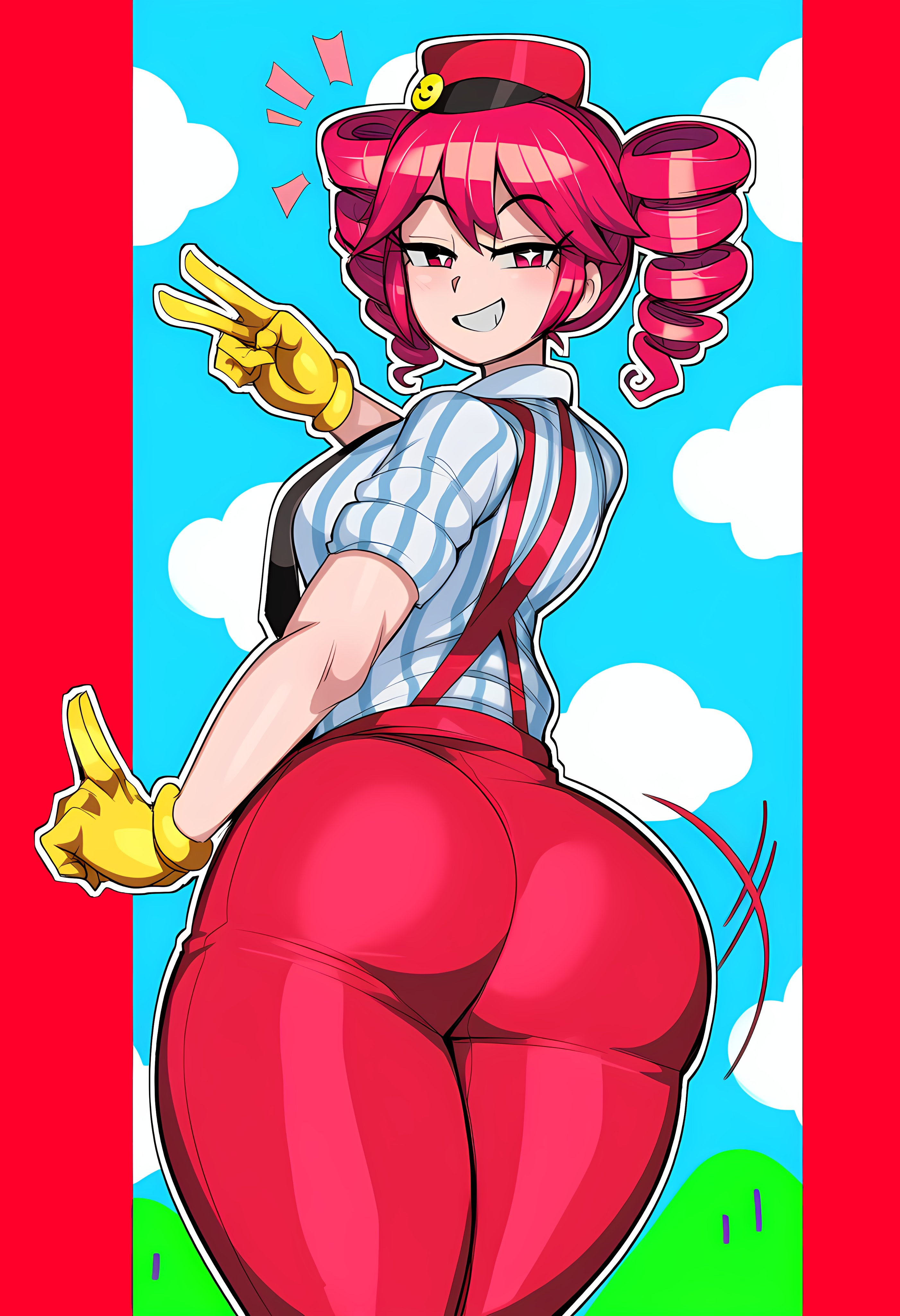 1girls, ai generated, ass, ass focus, ass shake, back view, big ass, big breasts, big thighs, blouse, bottom heavy, breasts, bubble butt, clothed, clothed female, clothing, curvaceous, curvy, curvy female, curvy figure, fat ass, fat thighs, female, female only, fully clothed, gloves, gluteal fold, hat, high waisted pants, high-waist pants, hips wider than shoulders, huge ass, huge thighs, icicleseeker, jiggle, jiggling ass, kasane teto, kasane teto (sv), large ass, large breasts, large thighs, looking at viewer, looking back, massive ass, mesmerizer (vocaloid), mesmerizer teto, motion lines, mv character, necktie, pants, peace sign, plump, plump ass, plump thighs, red eyes, red hair, shiny clothes, shiny skin, shirt, simple background, skin tight, slim waist, smile, smug, smug face, smug grin, solo, solo female, striped shirt, suspenders, synthesizer v, thick ass, thick thighs, thighs, tight clothing, tight pants, tight shirt, twin drills, utau, voluptuous, voluptuous female, wide hips, wobble, wobbling ass