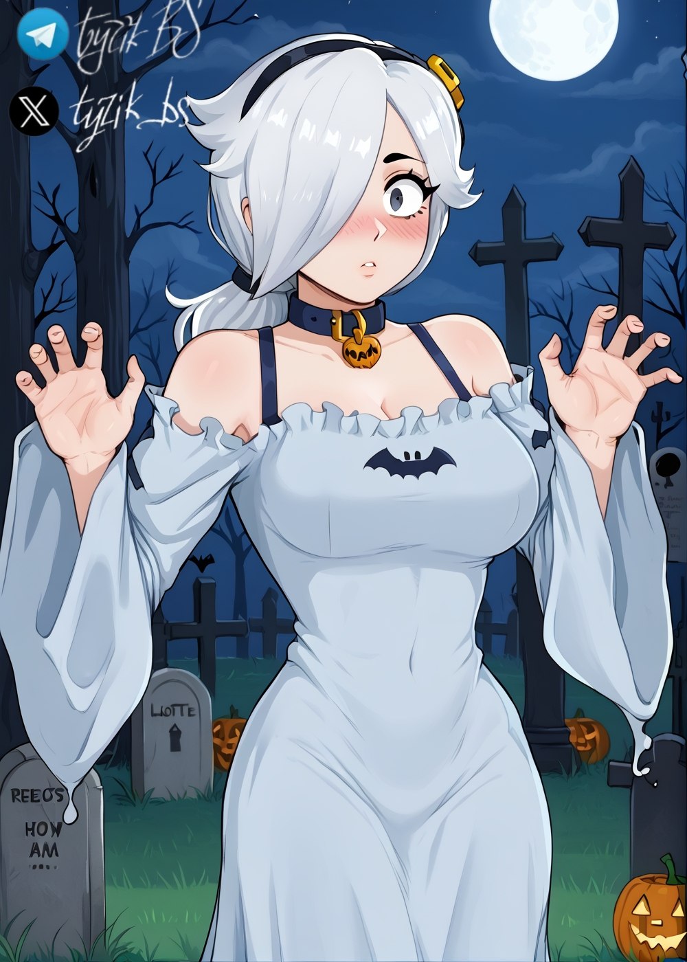 ai generated, big breasts, brawl stars, breasts, colette (brawl stars), ghost costume, ghost girl, halloween, halloween costume, supercell, supercell (company), tyzikbs