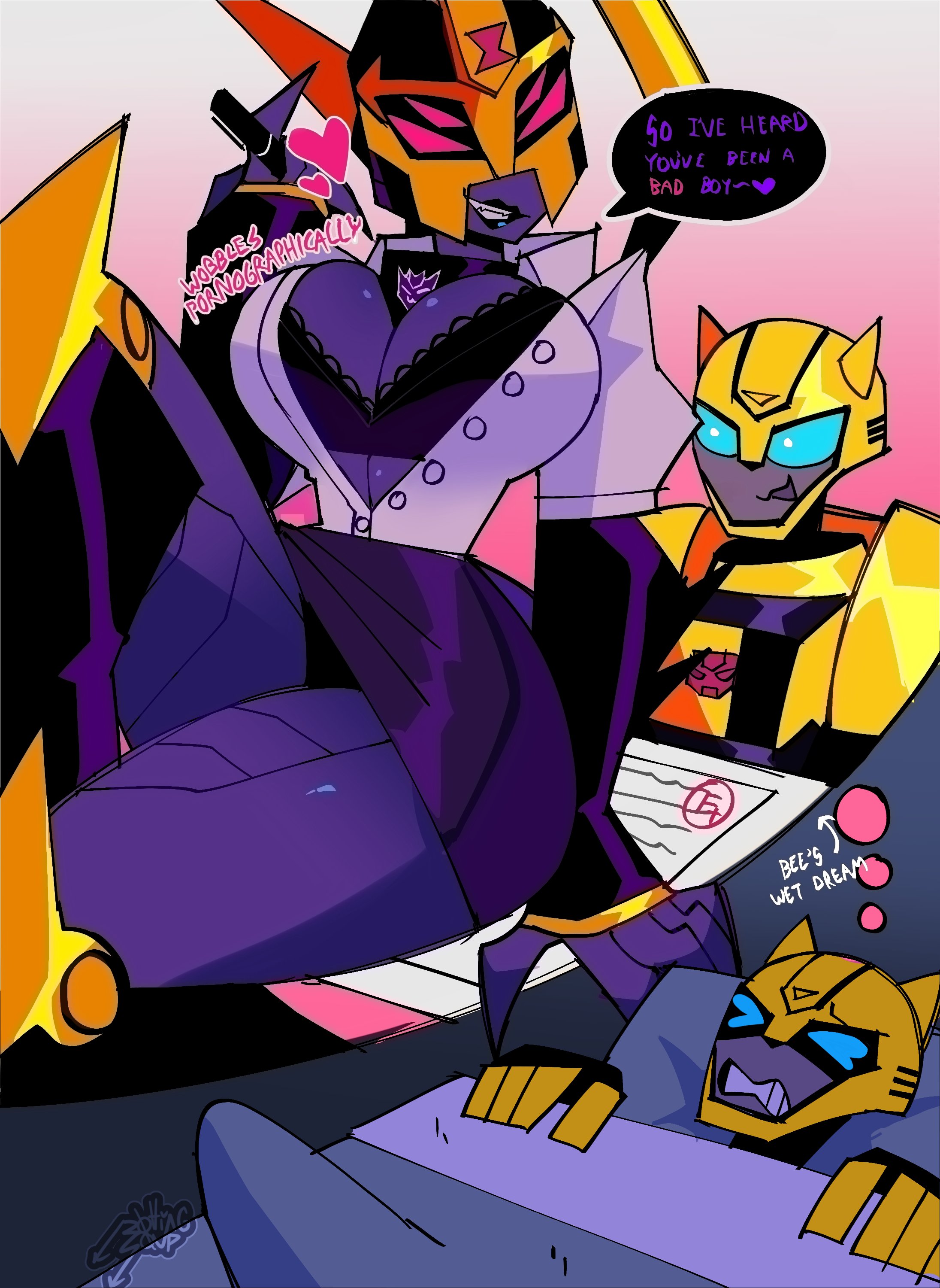 alien, alien girl, big breasts, blackarachnia, blackarachnia (tfa), blue eyes, boner, bra, breasts, bumblebee (transformers), cleavage, clothed, clothes, clothing, curvaceous, curvaceous body, curvaceous female, curvaceous figure, curvaceous hips, curvy, curvy body, curvy female, curvy figure, curvy hips, dream, dreaming, erection, female, giantess, hips, male, robot, robot girl, rottingsoup (artist), skirt, thick hips, thick thighs, thighs, transformers, transformers animated, unbuttoned shirt