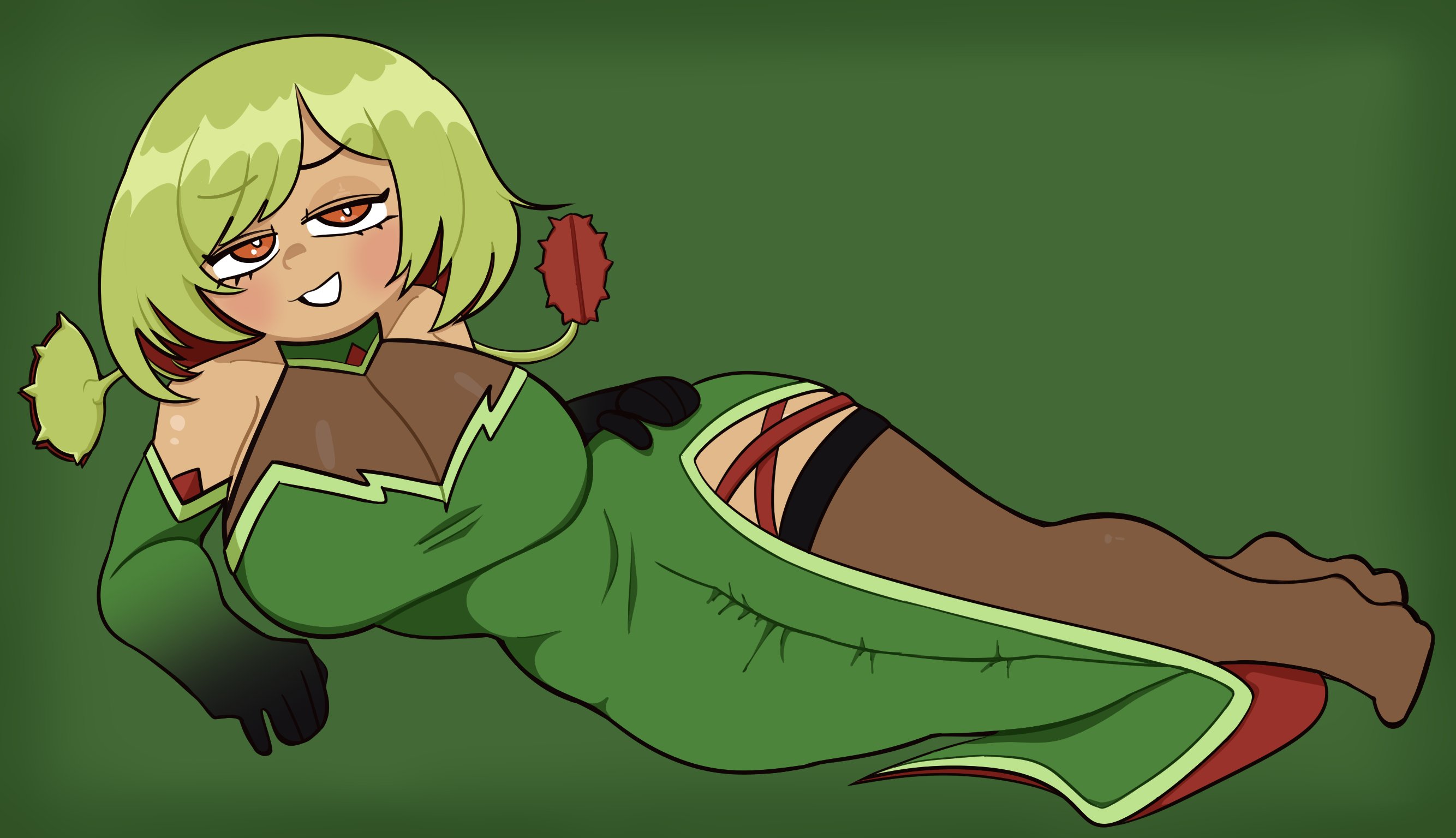 1girls, 2025, armwear, big breasts, blush, breasts, cleavage, commission, dress, eyebrows, eyebrows visible through hair, feet, female, female only, gloves, green armwear, green background, green dress, green gloves, green hair, half-closed eyes, hand on hip, long gloves, looking at viewer, lying on side, orange eyes, original, original character, paid reward available, penismaster48, plain background, red hair, see-through, see-through clothing, simple background, smile, solid color background, solo, stockings, teeth, teeth clenched, teeth showing, thighs, two-tone hair, venus flytrap