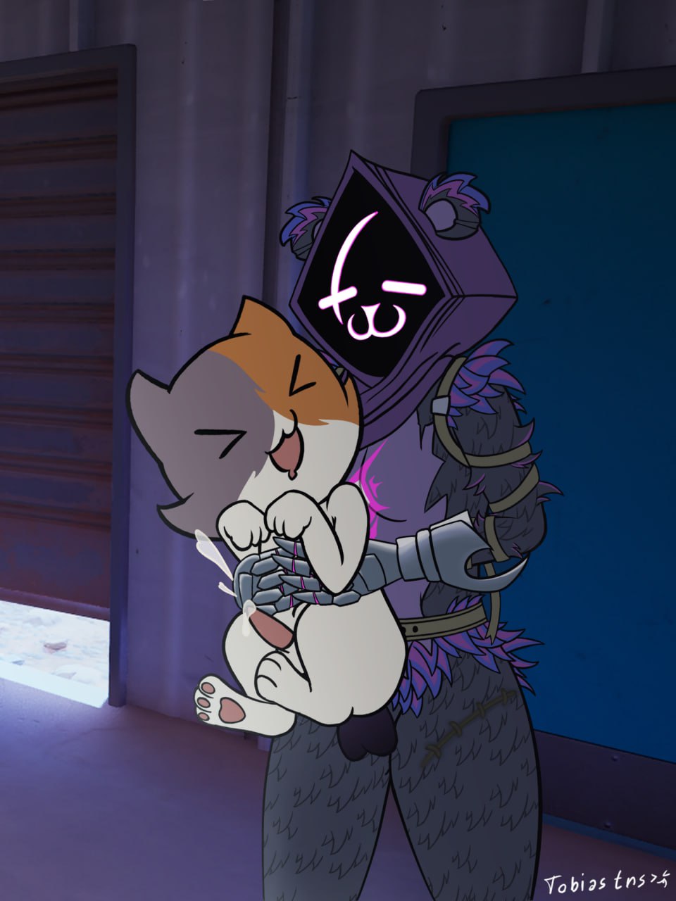cub, duo, feline, feral, fortnite, furry, hood, kit (fortnite), lifting, male, male cub, male focus, penis, raven team leader, tobiastns (artist), young