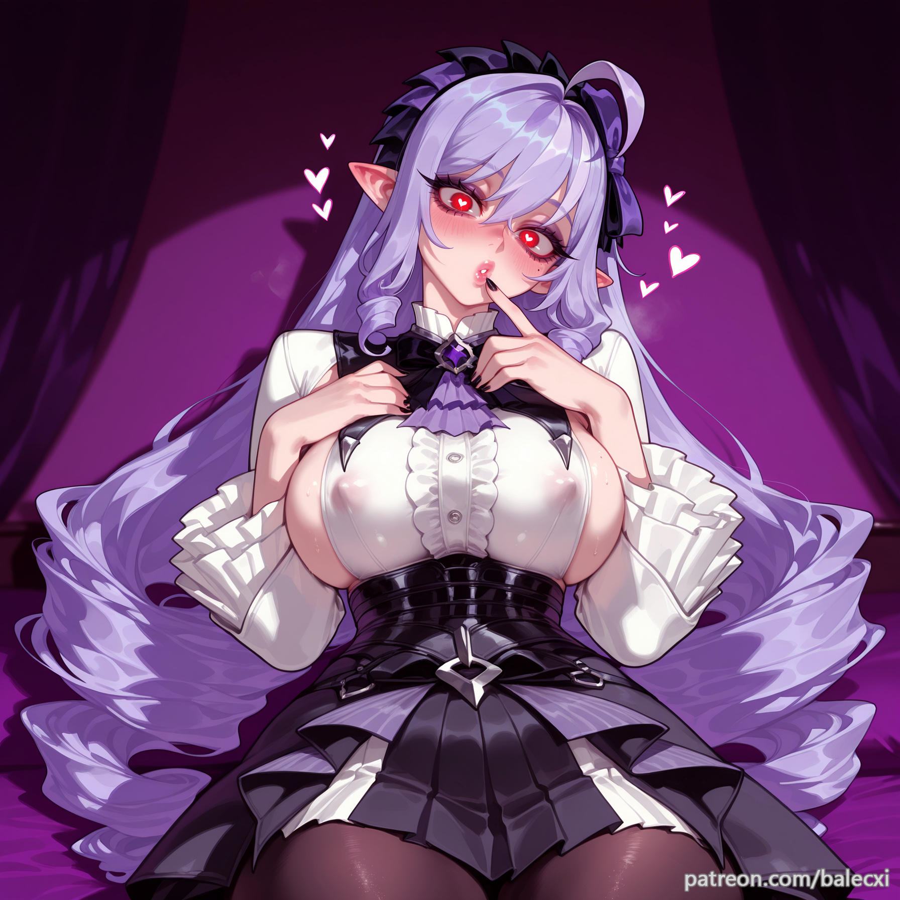 ahoge, ai generated, balecxi, black skirt, blush, breasts, covered nipples, drill hair, female, heart, heart-shaped pupils, hoyoverse, large breasts, long hair, long sleeves, looking at viewer, pantyhose, patreon username, pointy ears, purple hair, red eyes, sideboob, solo, symbol-shaped pupils, vivian banshee, white shirt, zenless zone zero