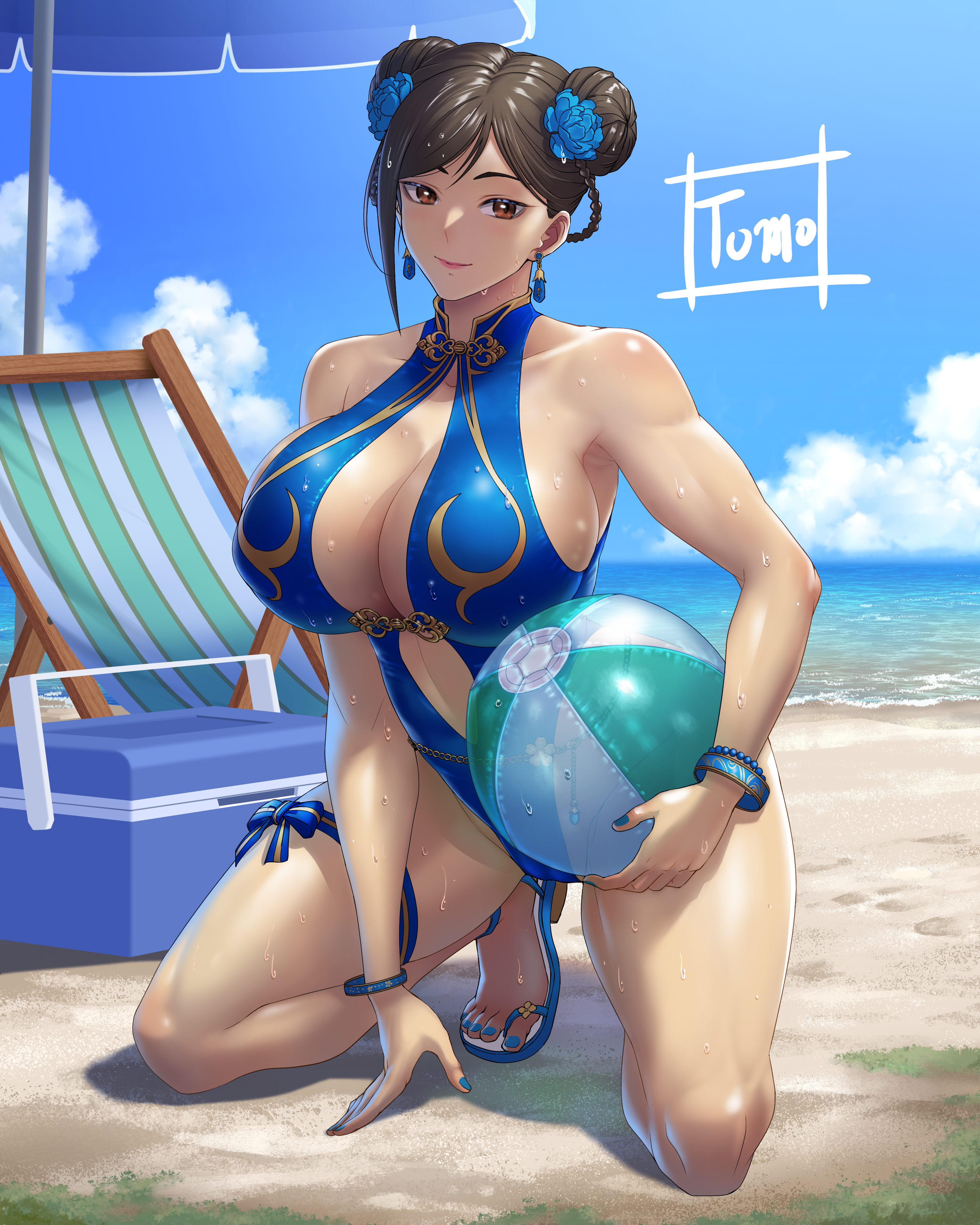 absurdres, artist name, bare legs, bare shoulders, beach, beach chair, beach umbrella, blue one-piece swimsuit, blue sky, breasts, brown eyes, brown hair, capcom, casual one-piece swimsuit, center opening, chun-li, cleavage, cloud, commentary request, cooler, day, double bun, female, female only, flower, hair bun, hair flower, hair ornament, highres, large breasts, looking at viewer, midriff, navel, ocean, official alternate costume, one-piece swimsuit, outdoors, sand, shiny skin, sky, squatting, street fighter, street fighter 6, swimsuit, tomo eokaiteru, umbrella