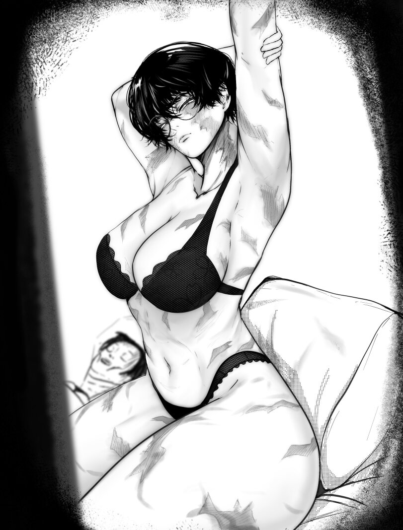 breasts, canon couple, cleavage, clothing, duo, female, jujutsu kaisen, maki zenin, male, pillow, scars, sitting, solo focus, tagme, very short hair, yuta okkotsu, zenin maki