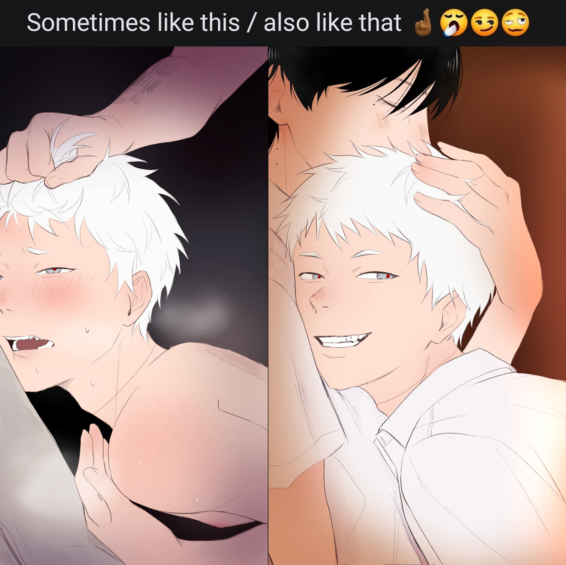 2boys, black hair, blush, gay, gay sex, hair grab, head on chest, hikaru indou, male, meme, mole, mole under eye, shirt, smiling, sometimes like this also like that, submissive, submissive male, sweating, the summer hikaru died, white hair, yaoi, yoshiki tsujinaka