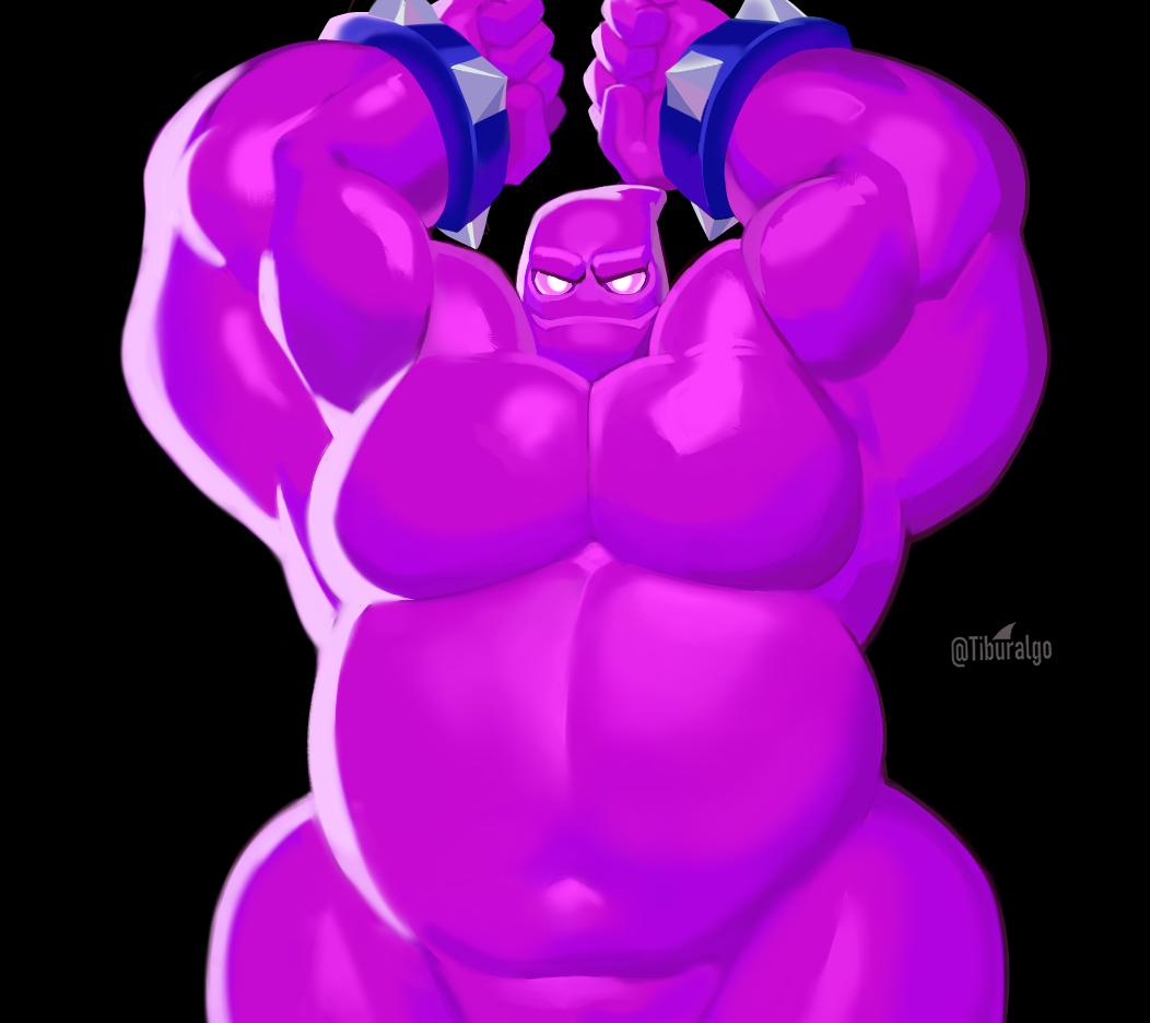 2024, 5 fingers, bara, big muscles, big pecs, bracelet, breasts, clash (series), clash royale, elixir golem, featureless breasts, fingers, fist, front view, goo creature, goo humanoid, humanoid, jewelry, male, mouth closed, muscles, muscular, muscular arms, navel, noseless, pecs, pink body, pink eyes, raised arms, solo, spiked bracelet, spikes, tiburalgo, yaoi