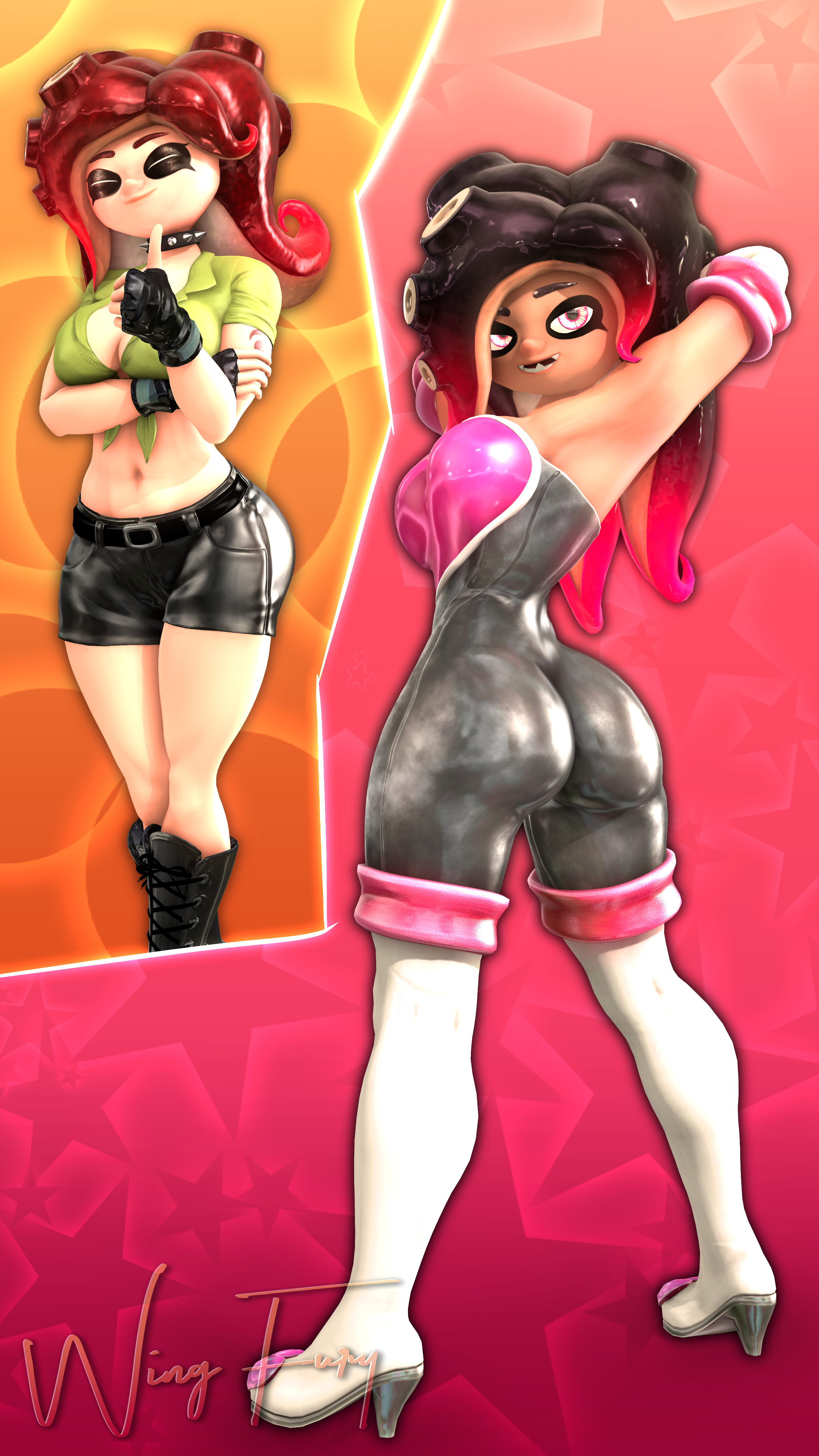 2girls, 3d, armwear, ass, belt, big butt, black boots, black hair, boots, breasts, clothing, collar, cosplay, croptop, dark skin, dark-skinned female, eyes closed, female, green eyes, heels, latex, latex boots, laura (wingfury), leather boots, leather shorts, light skin, light-skinned female, looking back, nintendo, octoling, octoling girl, octoling rival, pink eyes, posing, red hair, rouge the bat (cosplay), sheila (wingfury), shorts, smile, source filmmaker, spiked collar, splatoon, splatoon (series), splatoon 2, splatoon 3, tentacle hair, thick thighs, thigh boots, thighhighs, white armwear, white boots, white thighhighs, wing fury
