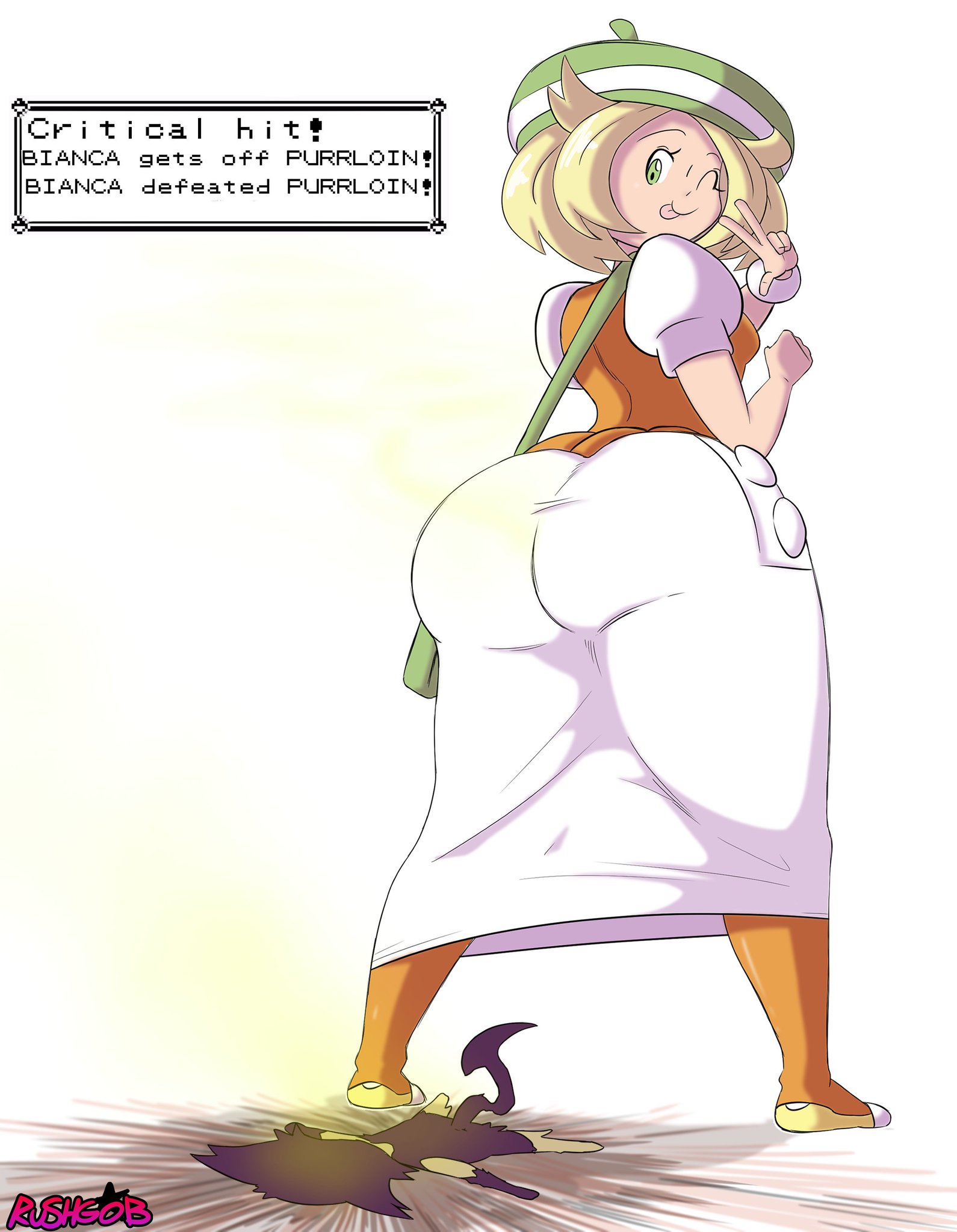 ass, bag, beret, bianca (pokemon), big ass, big butt, blonde hair, bracelet, brap, bubble ass, bubble butt, comic, cute, fart, fart cloud, fart fetish, farting, farting at viewer, farting on another, female, gameplay mechanics, gobrush, huge ass, looking down, nintendo, pokemon, pokemon bw, purrloin, rushgob, sex, short hair, smell, smelly, smelly ass, smile, smiling, stinky, stinky ass, text, thighhighs, tongue out, winking