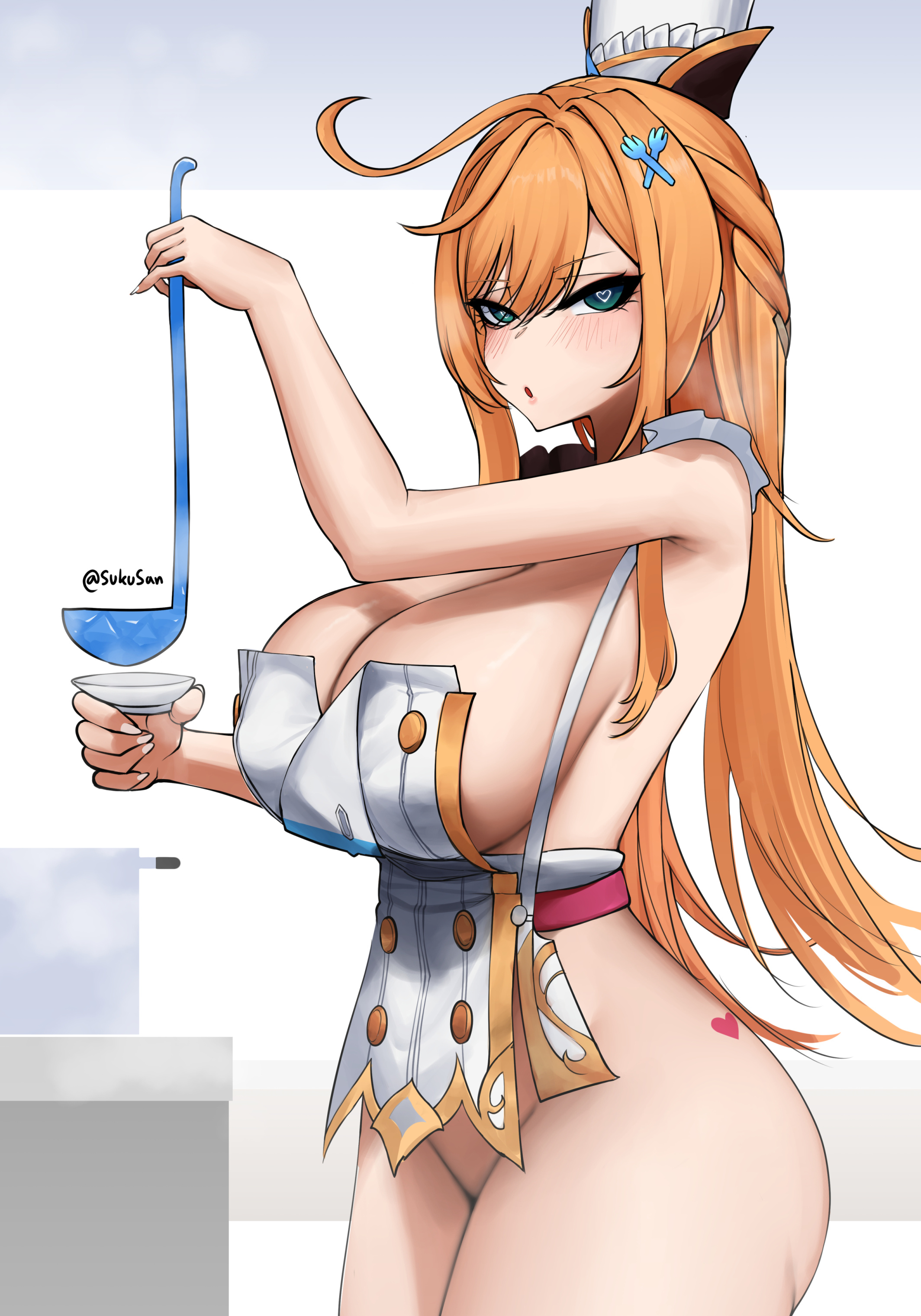 1girls, ahoge, apron, apron only, big breasts, blue eyes, blush, breasts, chef hat, cleavage, escoffier (genshin impact), female, female only, genshin impact, hair ornament, large breasts, light skin, light-skinned female, looking at viewer, no panties, open mouth, orange hair, solo, sukusan