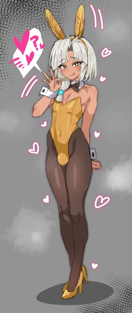 1boy, 2d, ahoge, bare shoulders, blush, bowtie collar, boy wearing pantyhose, bulge, bunnysuit, color, crossdressing, curtained hair, dark skin, dark-skinned femboy, dark-skinned male, fate (series), fate/grand order, fellatio gesture, femboy, femboy only, feminine male, girly, grey eyes, grey hair, hearts, high heels, leotard, long hair, looking at viewer, male, male only, male playboy bunny, navel, nipples, open mouth, pantyhose, parted bangs, peace sign, playboy bunny, pumps, shadow, simple background, sketch, solo, solo male, speech bubble, standing, strapless leotard, tied hair, tongue out, tutankhamun (fate), zanegoodell