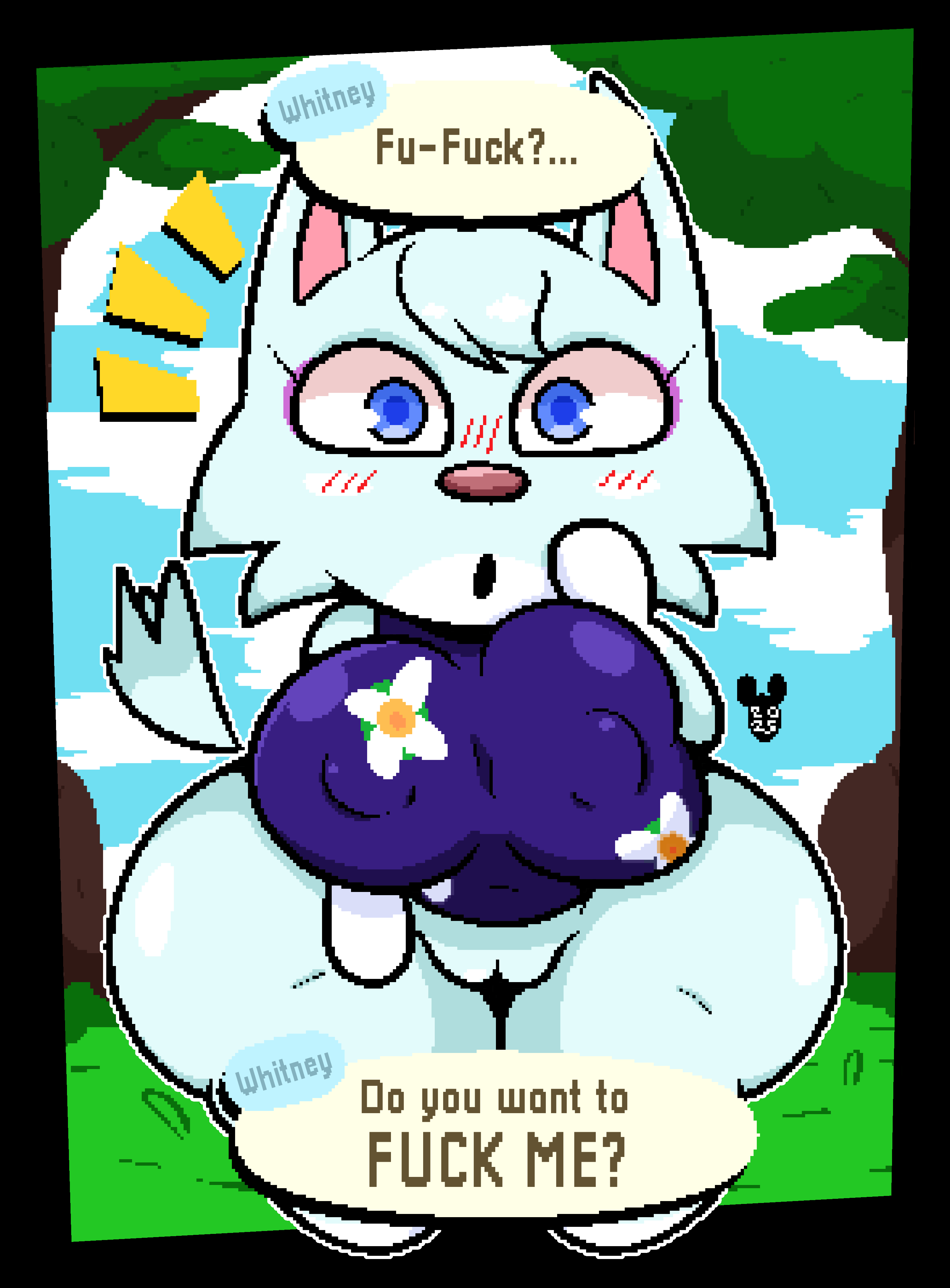 absurd res, animal crossing, anthro, big breasts, blue body, blue eyes, blush, bottomless, breasts, canid, canine, canis, clothed, clothing, english text, female, genitals, hi res, huge breasts, huge hips, huge thighs, looking at viewer, luanctoons, mammal, nintendo, nipple outline, open mouth, profanity, pussy, question mark, shirt, solo, speech bubble, text, thick thighs, topwear, vulva, whitney (animal crossing), wide hips, wolf
