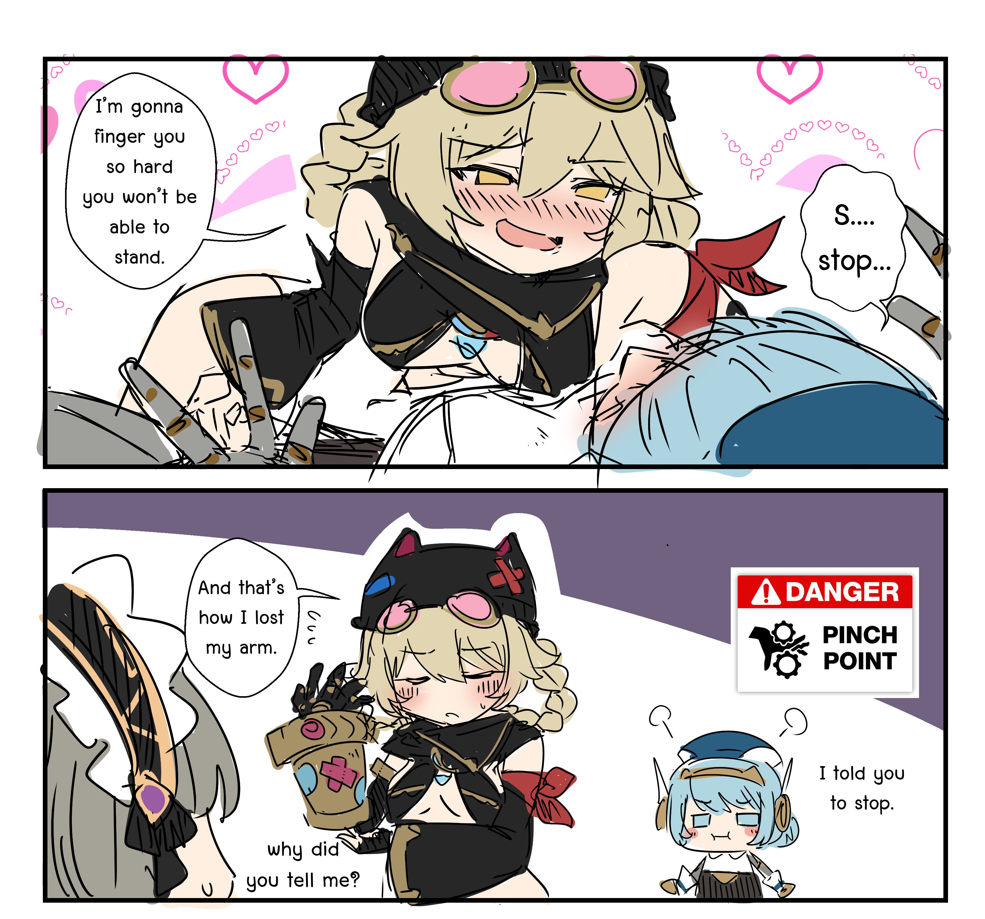 3girls, blonde hair, blush, comic, dialogue, female, female only, fingering, genshin impact, hoyoverse, humor, ineffa (genshin impact), jahoda (genshin impact), mihoyo, robot girl, sandrone (genshin impact), sesield, text, yuri