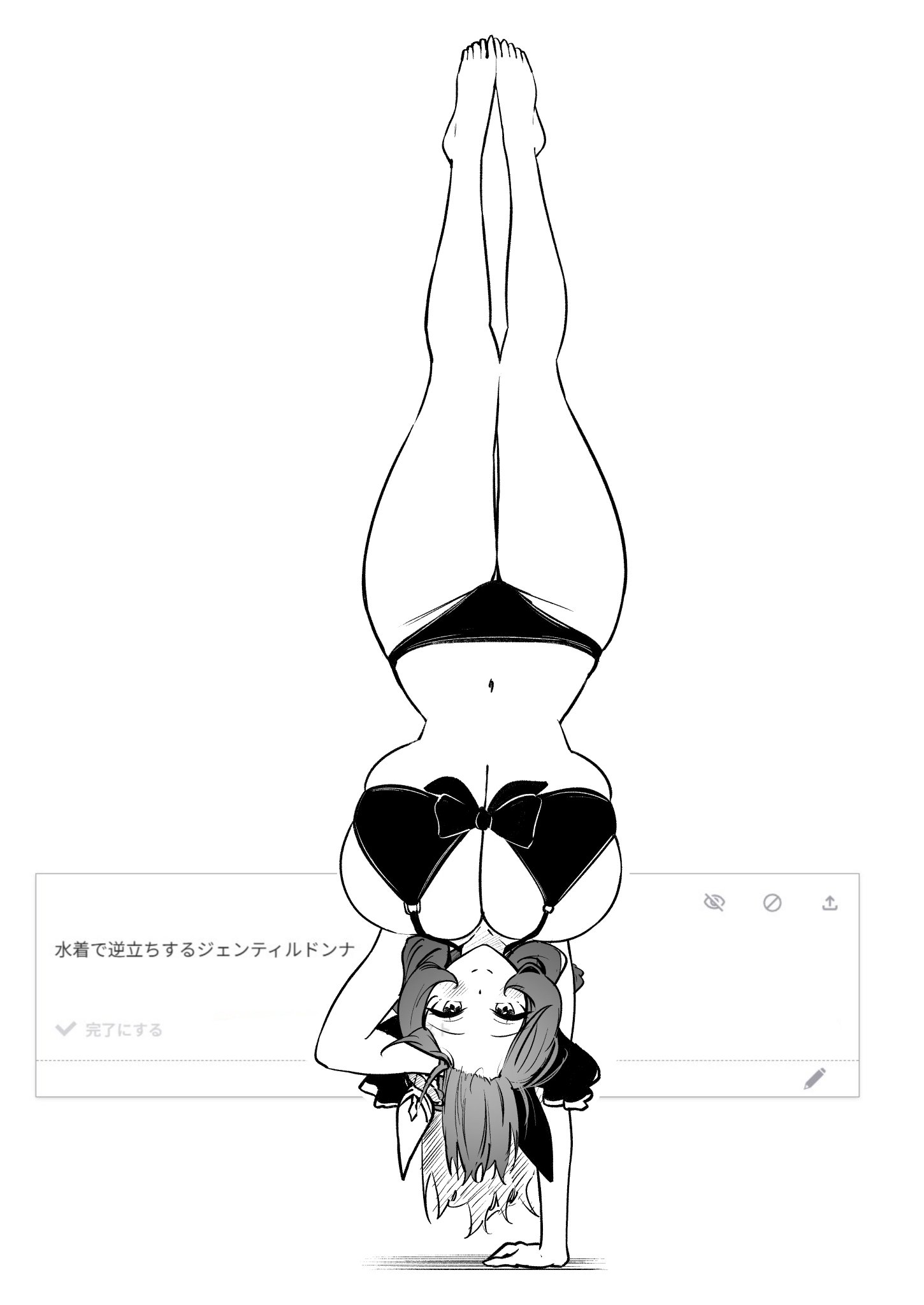 bikini, blush, breasts, bursting breasts, cleavage, female, full body, gentildonna (umamusume), handstand, herohero (higashi no dou), horse ears, horse girl, huge breasts, looking at viewer, monochrome, smile, swimsuit, umamusume, umamusume pretty derby, upside-down