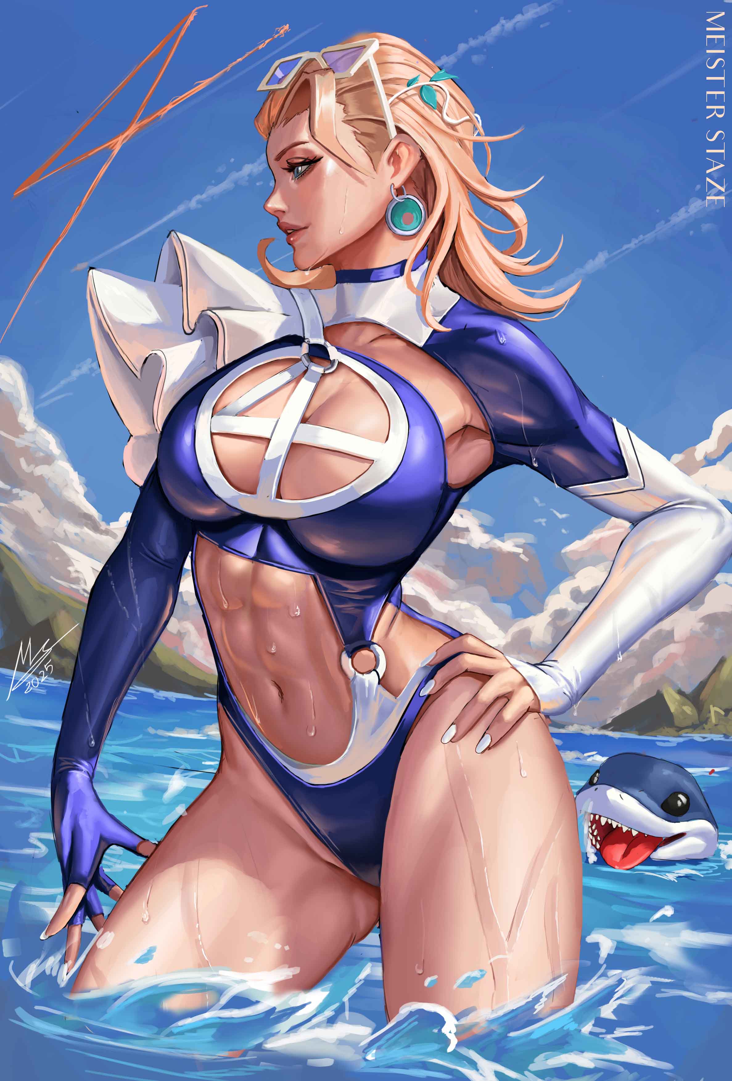 1girls, 2d, blonde female, blonde hair, blue eyes, blue swimsuit, breasts, clothed, exposed breasts, eyewear on head, fantastic four, female, groin, invisible woman, invisible woman (azure shade), invisible woman (marvel rivals), jeff the land shark, long hair, marvel, marvel comics, marvel rivals, meister staze, sue richards, sue storm, sunglasses, swimsuit