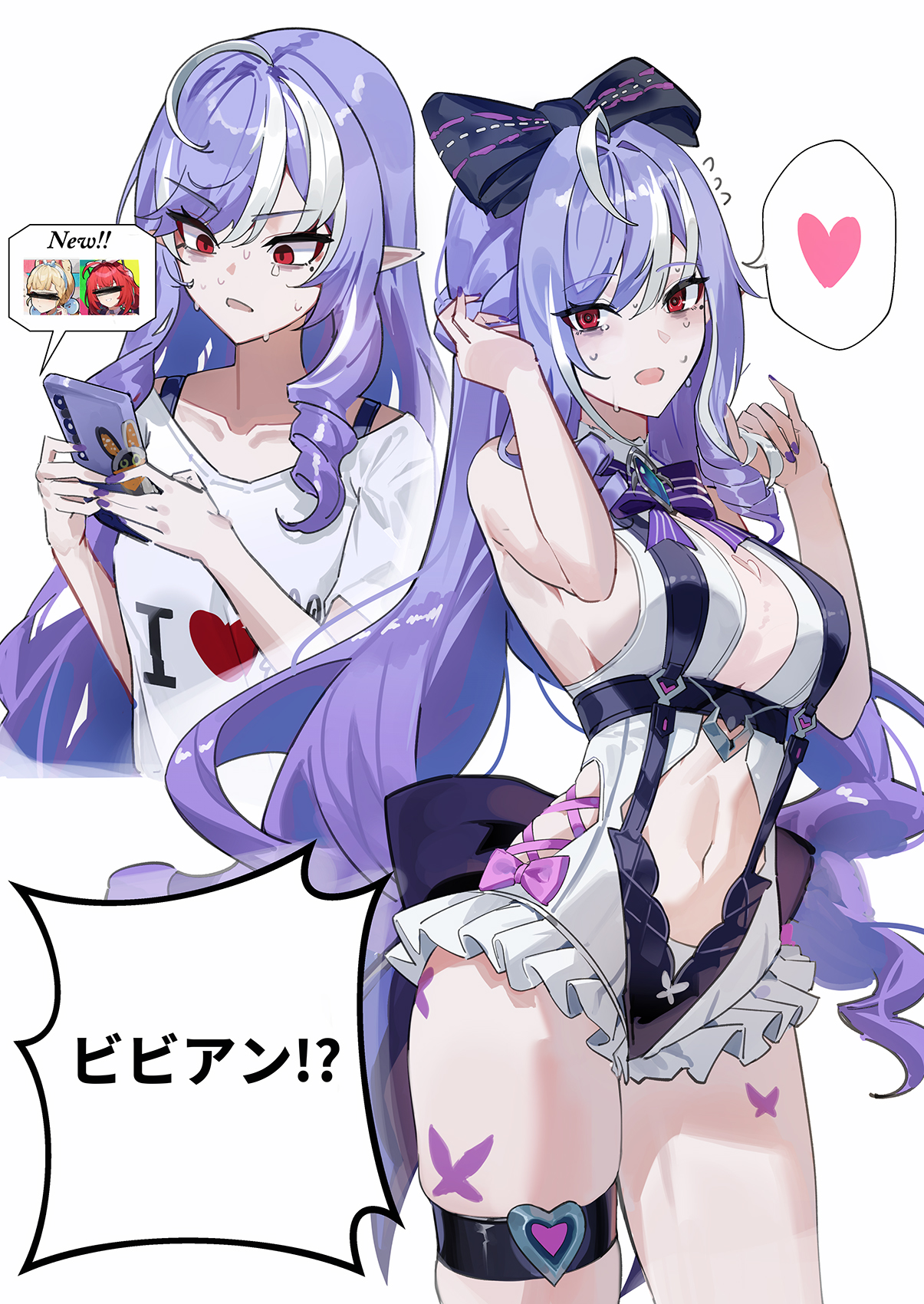1girls, alice thymefield, bags under eyes, bow, bowtie, breasts, commentary request, female, female only, heart, highres, holding, holding phone, hoyoverse, long hair, maanu, medium breasts, multicolored hair, multiple views, navel, nervous sweating, official alternate costume, one-piece swimsuit, phone, purple bow, purple bowtie, purple hair, red eyes, shirt, sideboob, simple background, speech bubble, spoken heart, stomach, streaked hair, sweat, sweatdrop, swimsuit, thigh strap, ukinami yuzuha, vivian banshee, vivian banshee (iris of the shore), white background, white hair, white shirt, zenless zone zero