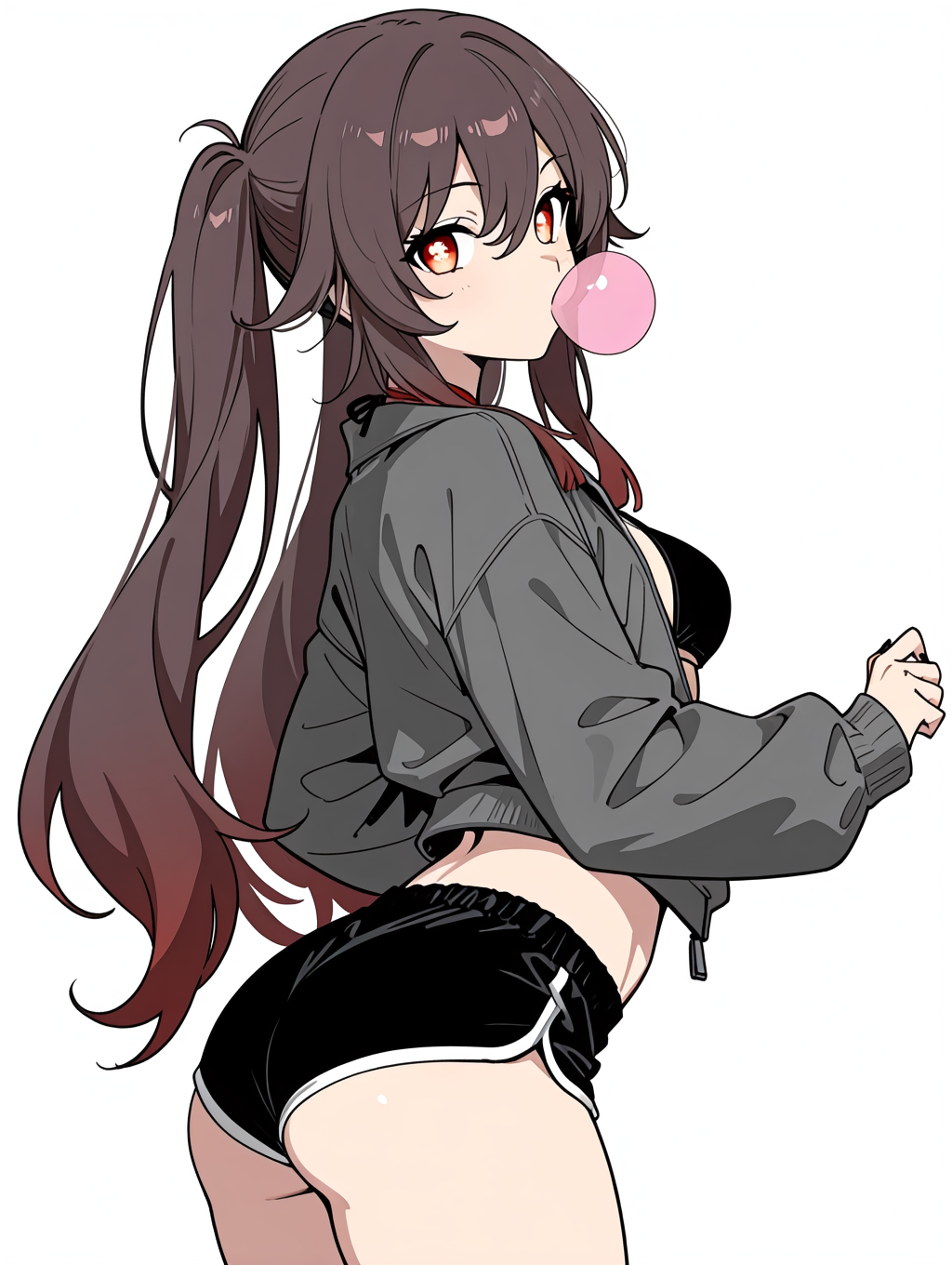 ai generated, bikini, breasts, brown eyes, brown hair, chewing gum, female, genshin impact, hu tao (genshin impact), jacket, runu sera, shorts, side view, small breasts, twintails