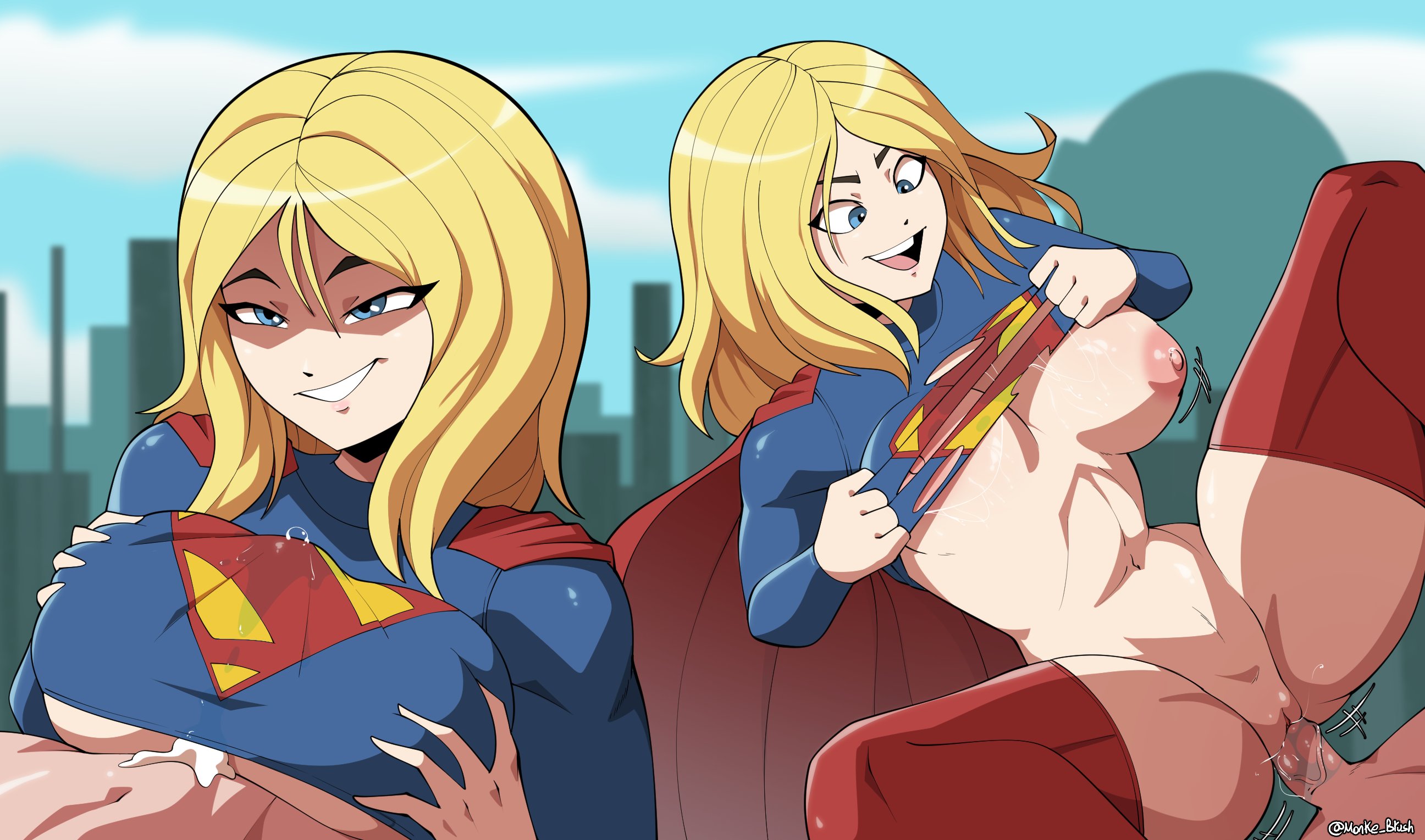 1boy, 1girls, 2d, 2d (artwork), anon, artist name, big breasts, blonde female, blonde hair, blonde hair female, blonde-haired female, blue eyes, breasts, clothing lift, cum, cum between breasts, cum under clothes, dc, dc comics, female, kara zor-el, legwear, male, monke brush, nipples, paizuri, paizuri under clothes, part 2, penetration, penis, penis between breasts, penis in pussy, pussy, ripping clothing, sex, shaved pussy, straight, supergirl, supergirl (series), supergirl (volume 8), superheroine, superman (series), titfuck, titfuck under clothes, titjob, titjob under clothes, vagina, vaginal, vaginal penetration, vaginal sex