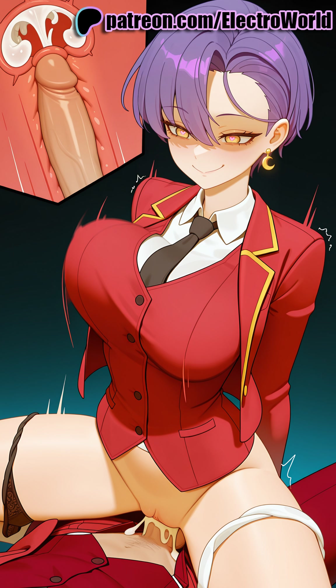 ^^^, 1boy, 1girls, 2025, ai generated, artist name, black necktie, bow panties, breasts, bust, cervix, chest, clothed sex, cock, cowgirl position, cross section, cum, cum in pussy, deep penetration, dick, earrings, ejaculation, electroworld, female, fucking, hi res, high quality, high resolution, highres, intercourse, internal cumshot, jewelry, love making, male, mikadono kazuki, mikadono sanshimai wa angai choroi, motion lines, necktie, orgasm, overflow, panties, panties around one leg, patreon, patreon username, penetration, penis, purple hair, pussy, red jacket, sex, sexual intercourse, solo focus, stable diffusion, straddling, straight, trembling, uncensored, underwear, uterus, vaginal penetration, watermark, x-ray