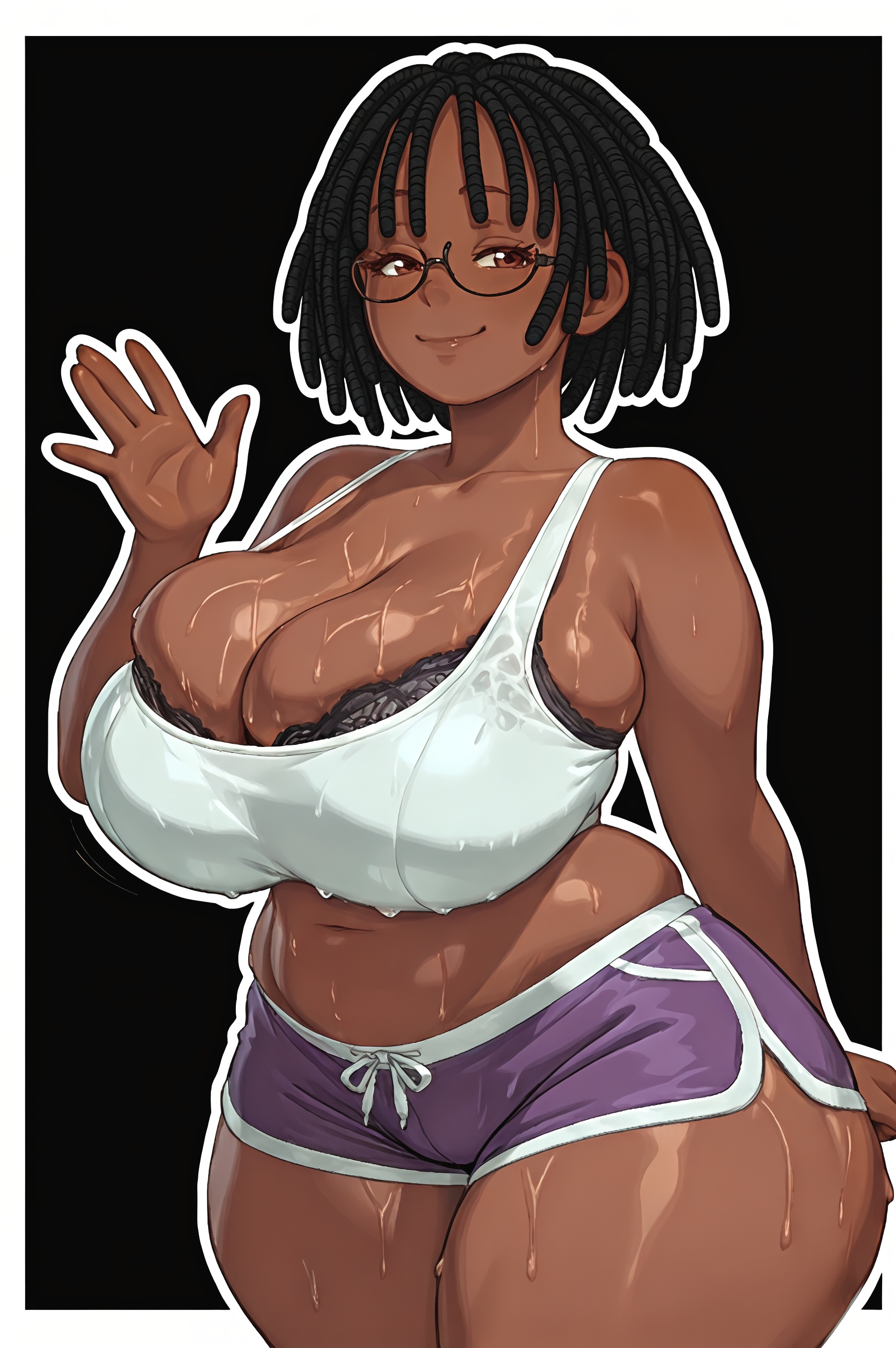 1girls, african female, ai generated, big ass, big thighs, black hair, booty shorts, bra peek, breasts, brown eyes, casual, dark skin, dark-skinned female, dreadlocks, female, female only, glasses, hand up, huge breasts, looking at viewer, midriff, mrtecta, original, original character, plump, short hair, shorts, smiling at viewer, smirking, solo, solo female, sweat, sweatdrop, sweating, tank top, thick, thick thighs, thighs, tummy, waving, wet skin