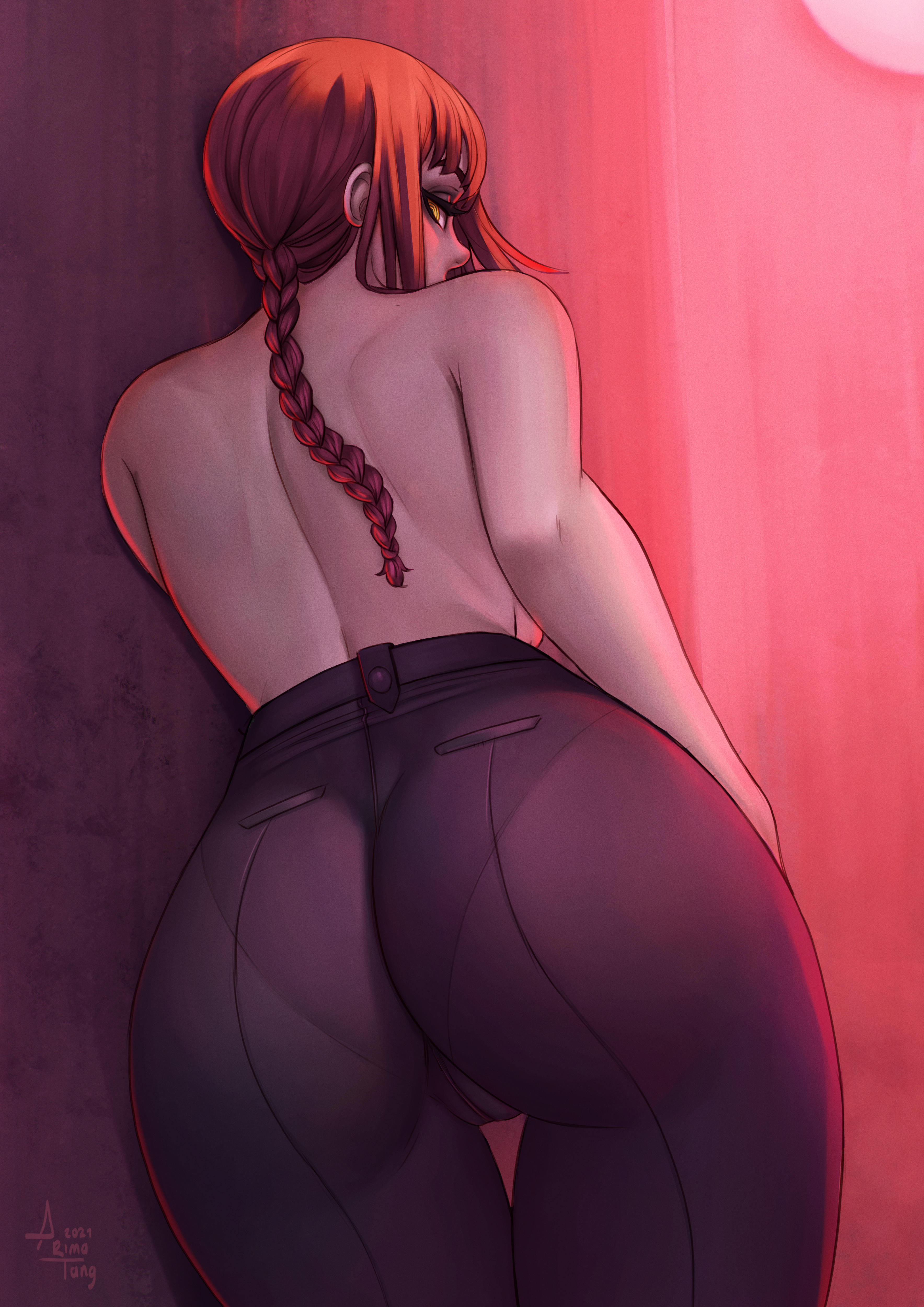 1girls, absurd res, against wall, arimatang, ass, ass bigger than head, ass focus, back, back view, bare back, bending forward, bending over, bent over, big ass, big breasts, big butt, black legwear, black panties, black pants, black trousers, braid, braided hair, braided ponytail, breasts, breasts bigger than head, breasts out, bubble ass, bubble butt, busty, busty female, chainsaw man, choker, curvaceous, curvaceous female, curvaceous figure, curvy body, curvy female, curvy figure, curvy hips, elbow gloves, enormous breasts, fat ass, female, female only, giant breasts, gigantic breasts, hi res, highres, huge ass, huge breasts, huge butt, huge thighs, large ass, large breasts, leaning, leaning against wall, leaning forward, leaning on wall, lingerie, lingerie only, looking at viewer, looking back, looking back at viewer, looking down at viewer, makima (chainsaw man), massive breasts, naked, naked female, panties, pants, pantylines, ponytail, pussy, pussy lips, red hair, see-through, see-through clothing, see-through panties, shirt, shoulders, solo, suit, thick, thick ass, thick legs, thick thighs, thigh gap, thigh highs, thighs, thunder thighs, thunderthighs, tight clothing, tits bigger than head, tits out, topless, topless female, trousers, vagina, variant, variant set, voluptuous, voluptuous body, wall, white shirt, wide hips, wide thighs, yellow eyes