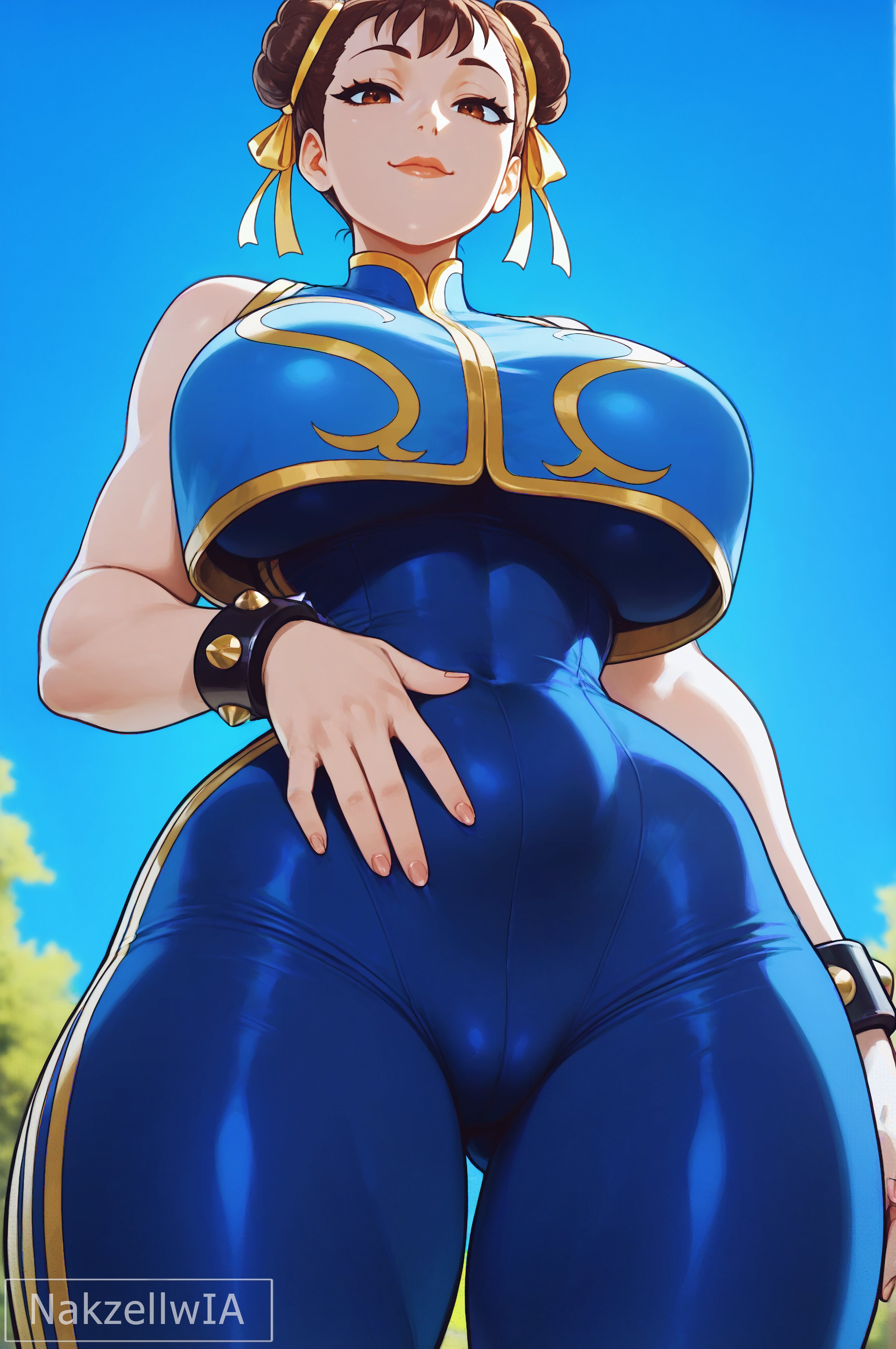 1girls, ai, ai art, ai generated, big breasts, bodysuit, bracelet, breasts, brown eyes, brown hair, bust, busty, capcom, chun-li, chun-li (fortnite), clothed, clothed female, clothing, curvaceous, curvy, curvy figure, day, double bun, female, female only, from below, hair accessory, hand on stomach, hips, huge breasts, human, human female, legs, light skin, light-skinned female, looking at viewer, looking down, mature female, muscular, muscular female, outdoors, solo, solo female, stomach, street fighter, thick thighs, thighs, tight clothing, toned, voluptuous, wide hips