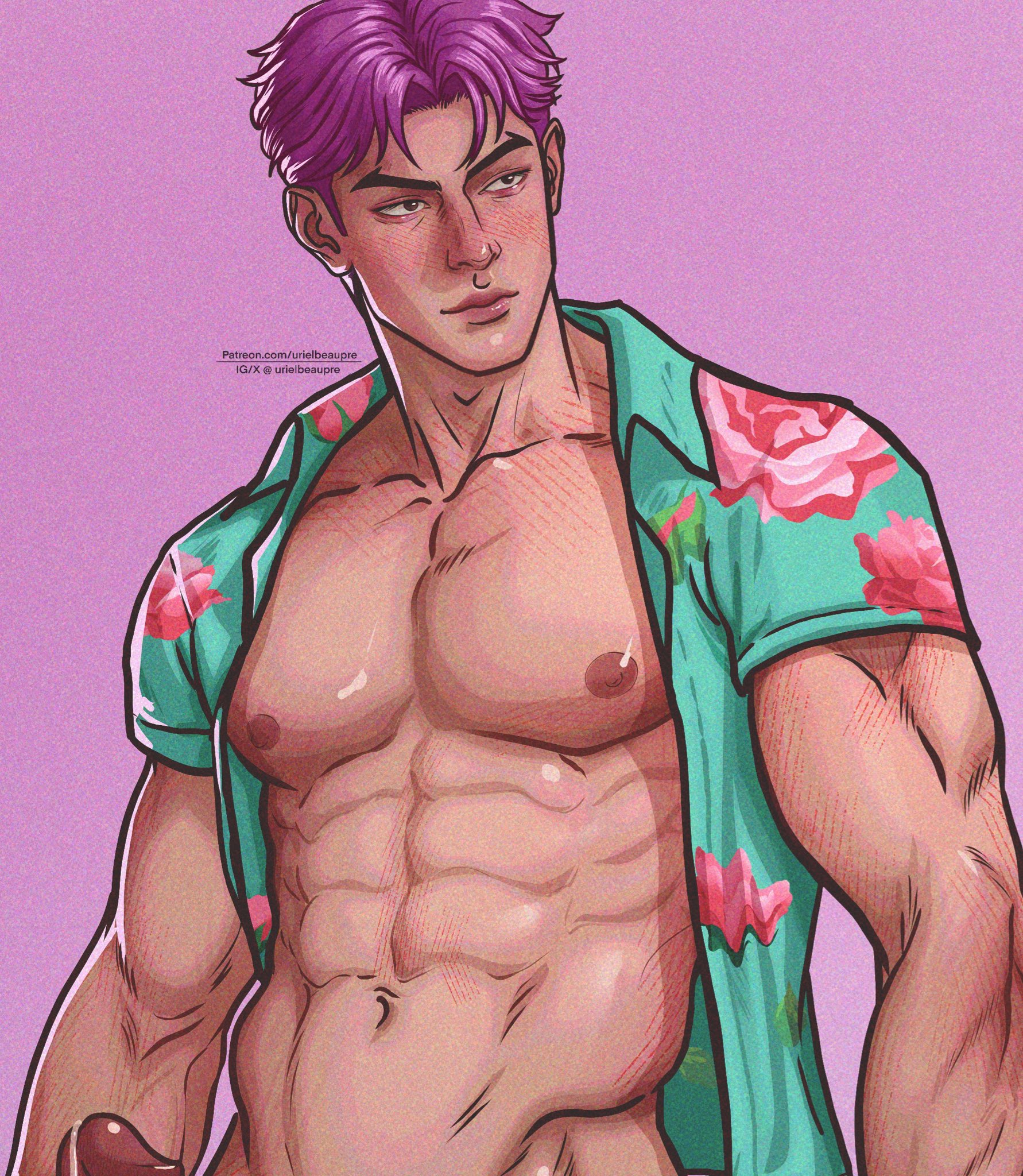 1boy, abby (kpop demon hunters), barely visible penis, kpop demon hunters, male, male only, muscular, muscular male, open clothes, penis, pink hair, saja boys, solo, urielbeaupre