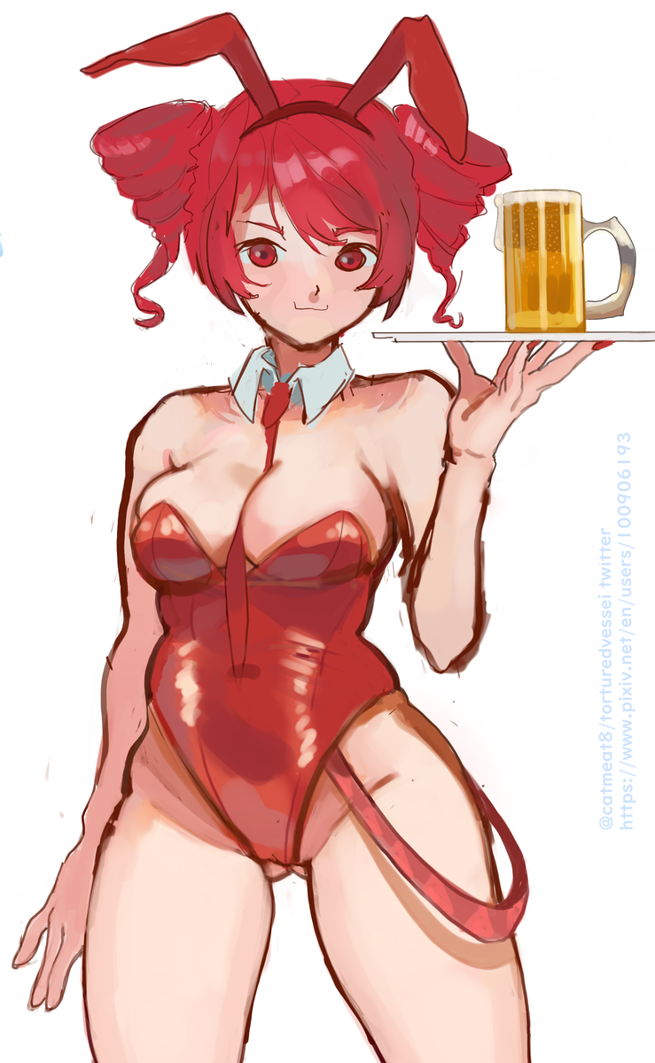 1girls, 2d, 2d (artwork), alternate hairstyle, alternate version available, ass, ass visible through thighs, beer, beer mug, belly, belt, belt buckle, big ass, big breasts, big thighs, breasts, bunny ears, bunny ears headband, bunny girl, bunnysuit, cleavage, curvaceous, curvy, curvy female, curvy figure, detached collar, female, female only, kasane teto, large ass, large breasts, large thighs, latex, latex clothing, latex leotard, looking at viewer, meatcat, more at source, nail polish, navel, navel visible through clothes, necktie, necktie between breasts, painted nails, playboy bunny, plump, plump breasts, plump thighs, red eyes, red hair, simple background, skindentation, skinny, skinny female, slim female, slim waist, smmile, solo, solo female, thick thighs, thighs, tight clothing, twin drills, utau, voluptuous, voluptuous female, waitress, white background, wide hips