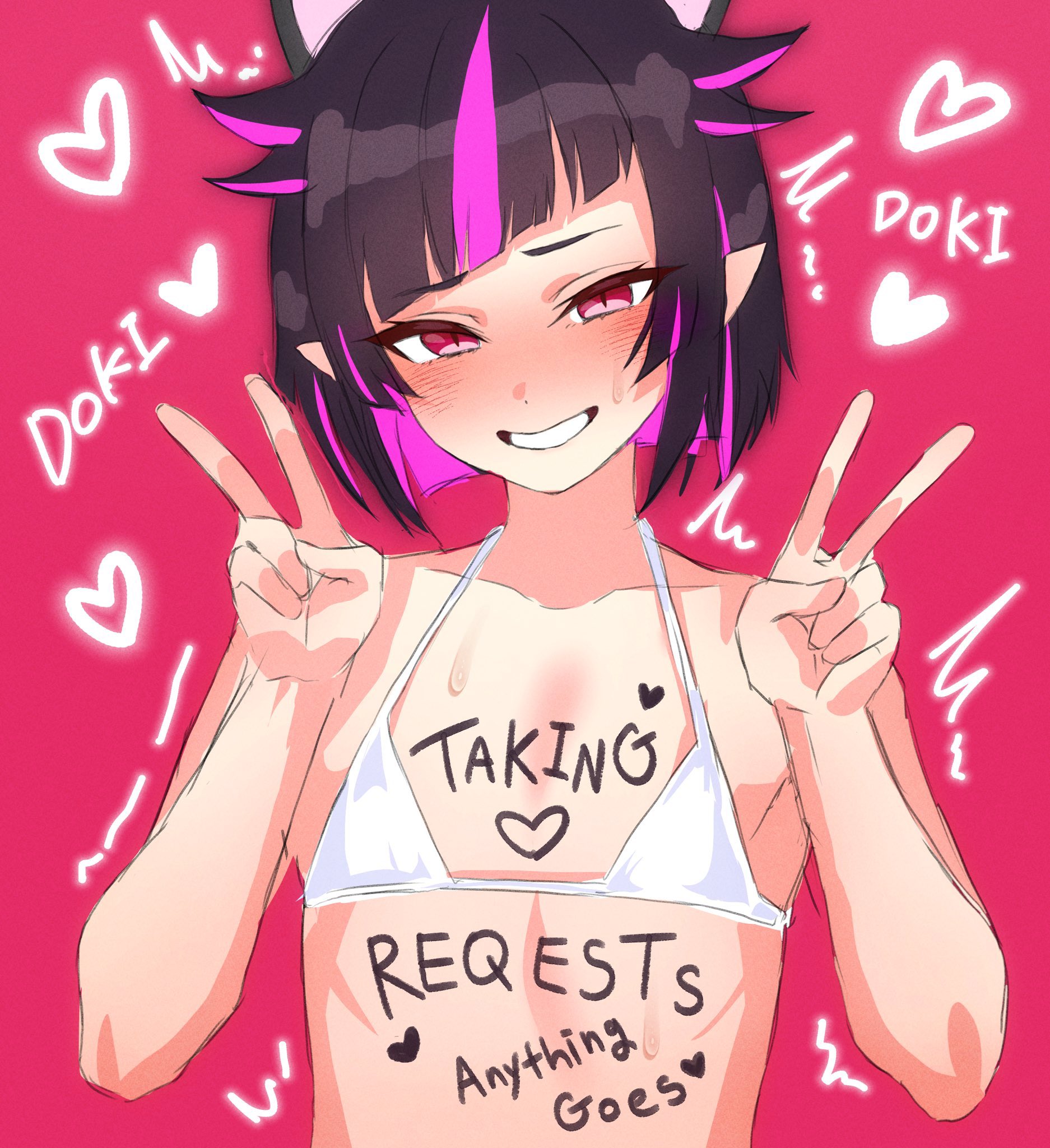 1boy, alternate version available, bare shoulders, bikini, black hair, blush, body writing, crossdressing, femboy, heart, lilia vanrouge, looking at viewer, male, male only, multicolored hair, peace sign, pink eyes, pink hair, pointy ears, short hair, smiling, solo, squatting, swimsuit, twisted wonderland, zanegoodell