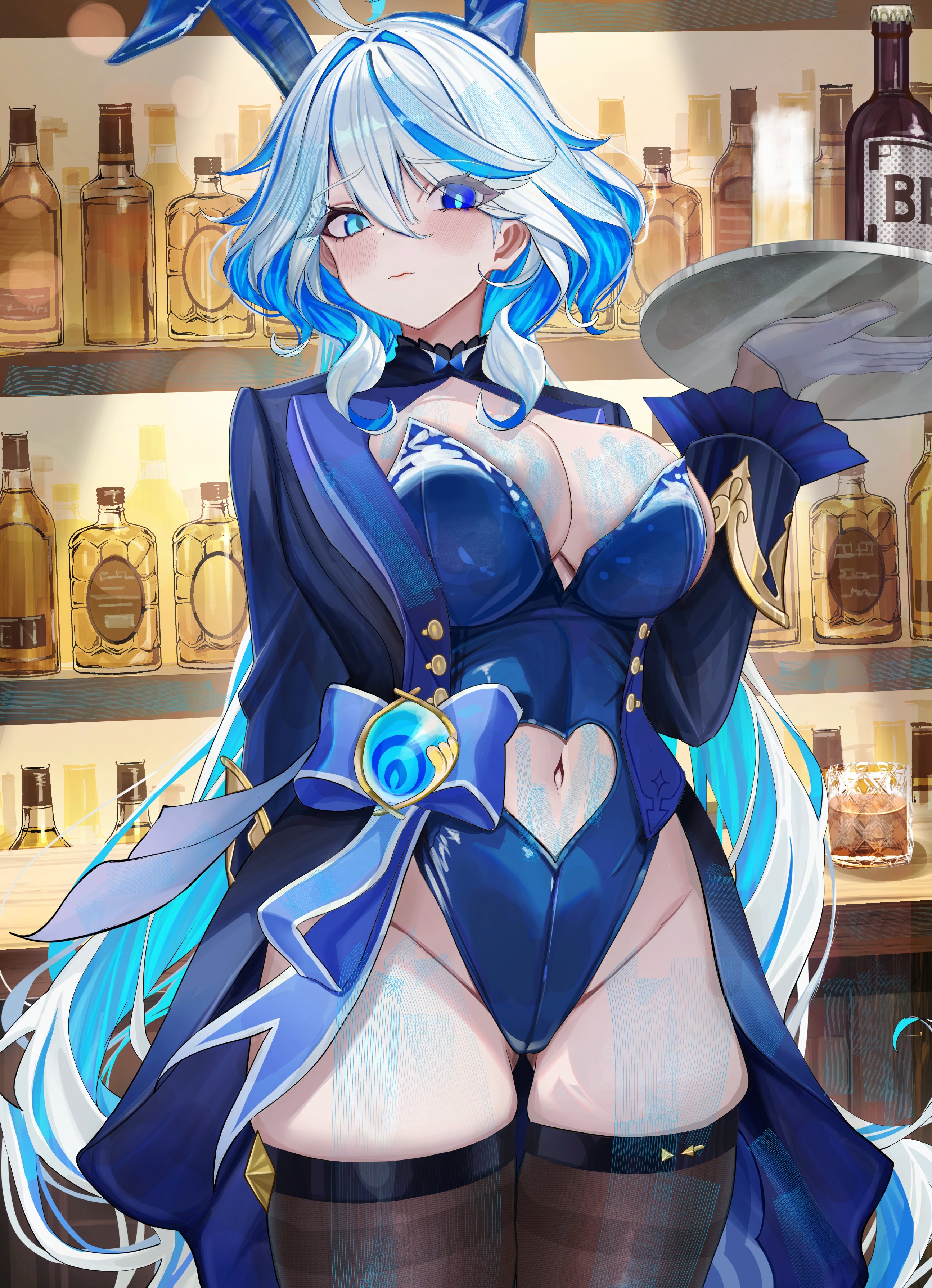 1girls, black thighhighs, blue bunny ears, blue bunnysuit, blue eyes, blue hair, breasts, bunny ears, bunnysuit, female, furina (genshin impact), genshin impact, hoyoverse, mihoyo, navel, short hair, streaper, thighhighs, two-tone hair