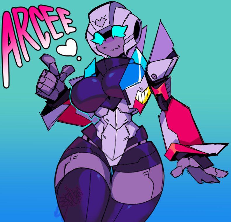 :3, alien, alien girl, arcee, big breasts, blue eyes, breasts, cleavage, curvaceous, curvaceous body, curvaceous female, curvaceous figure, curvaceous hips, curvy, curvy body, curvy female, curvy figure, curvy hips, cute, female, female focus, female only, fembot, giantess, hips, robot, robot girl, rottingsoup (artist), solo, thick hips, thick thighs, thighs, transformers