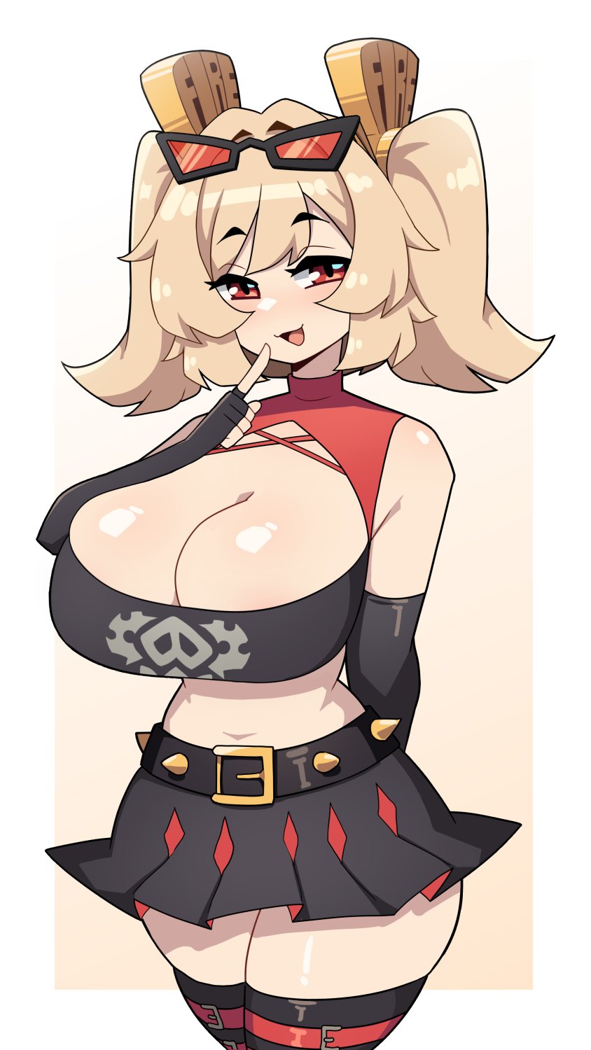 1girls, belt, big breasts, blonde hair, breasts, burnice white, cleavage, female, female only, finger to mouth, fingerless elbow gloves, hair ornament, hi res, j5daigada, looking at viewer, mihoyo, red eyes, skirt, smiling, smiling at viewer, solo, spiked belt, sunglasses on head, thighhighs, topwear, twintails, zenless zone zero