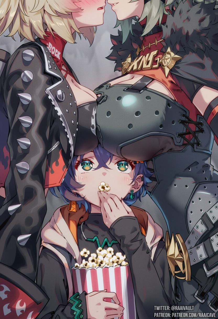 3girls, aetherniex, ai, ai generated, belle (zenless zone zero), big boobs, big breasts, blonde female, blonde hair, blonde-haired female, blush, breasts, breasts bigger than head, burnice white, caesar king, female, green hair, green hair female, height difference, hoyoverse, large boobs, large breasts, light skin, light-skinned female, medium boobs, medium breasts, observing, popcorn, raaicave, size difference, taller female, taller woman, yuri, zenless zone zero