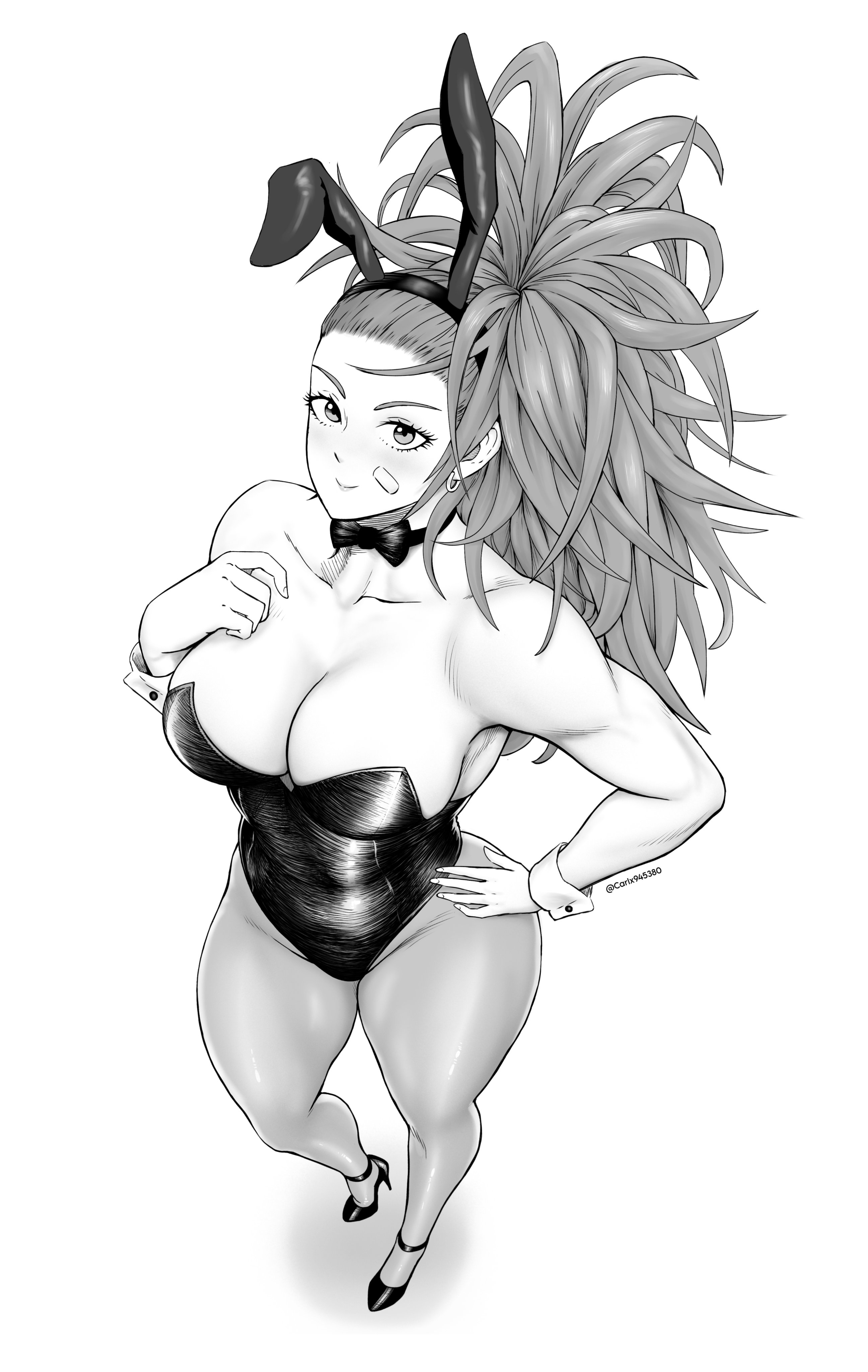 1girls, blush, breasts, bunnysuit, captain mizuki, carlx945380, cleavage, earrings, fake animal ears, female, from above, greyscale, high heels, large breasts, long hair, looking at viewer, monochrome, one-punch man, playboy bunny, ponytail, rabbit ears, simple background, thick thighs, white background