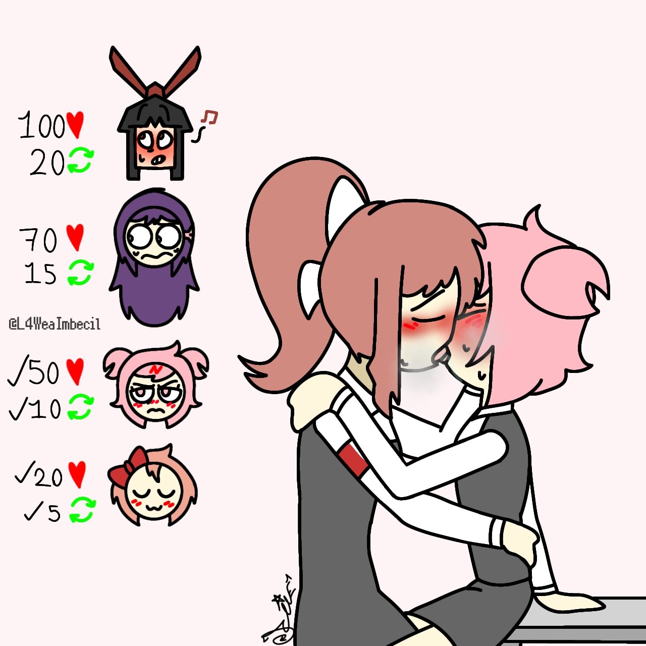 2girls, brown hair, doki doki literature club, dressed, female, female only, kiss, kissing, l4weaimbecil, lesbian kiss, low effort, monica (the p-club), monika (doki doki literature club), multiple girls, natacha (the p-club), natsuki (doki doki literature club), pink hair, rubbing, sweat, sweating, the p-club, tongue, tongue kiss, twitter username, vanny (the p-club), white ribbon, yasuri (the p-club), yuri, yuri (doki doki literature club)
