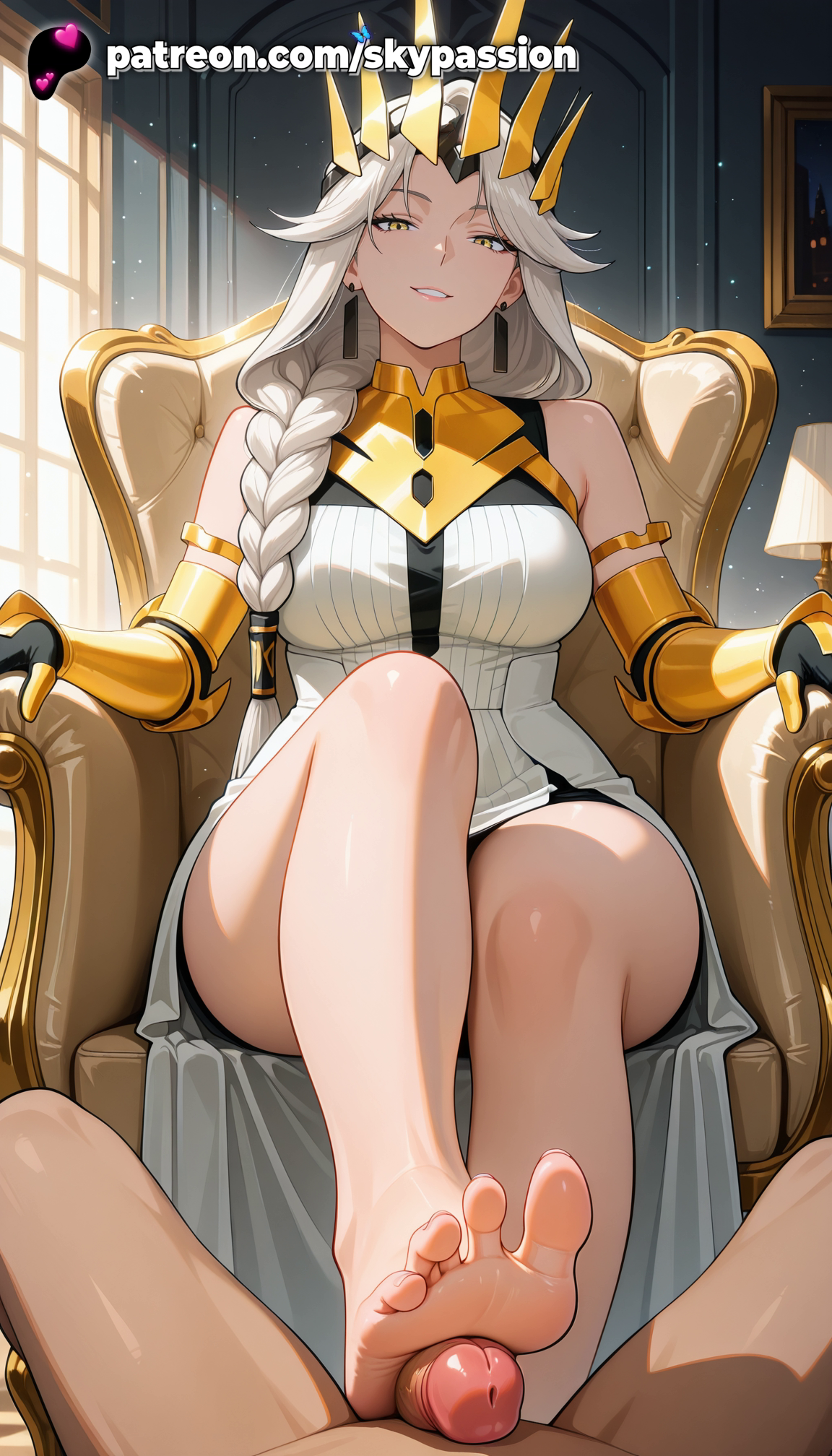 1boy, 1girls, 2025, ai assisted, ai generated, anime, artist name, bare shoulders, barefoot, big penis, braid, breasts, bust, chair, chest, cock, crossed legs, dick, earrings, elbow gloves, explicit, feet, feet fetish, female, foot fetish, foot play, footjob, gloves, hi res, high quality, high resolution, highres, indoors, jewelry, long hair, male, patreon, patreon username, penis, pov, queen (to be hero x), ribbed dress, sitting, skypassion, smile, soles, solo focus, stable diffusion, star (sky), straight, to be hero x, toes, watermark, window, yellow eyes