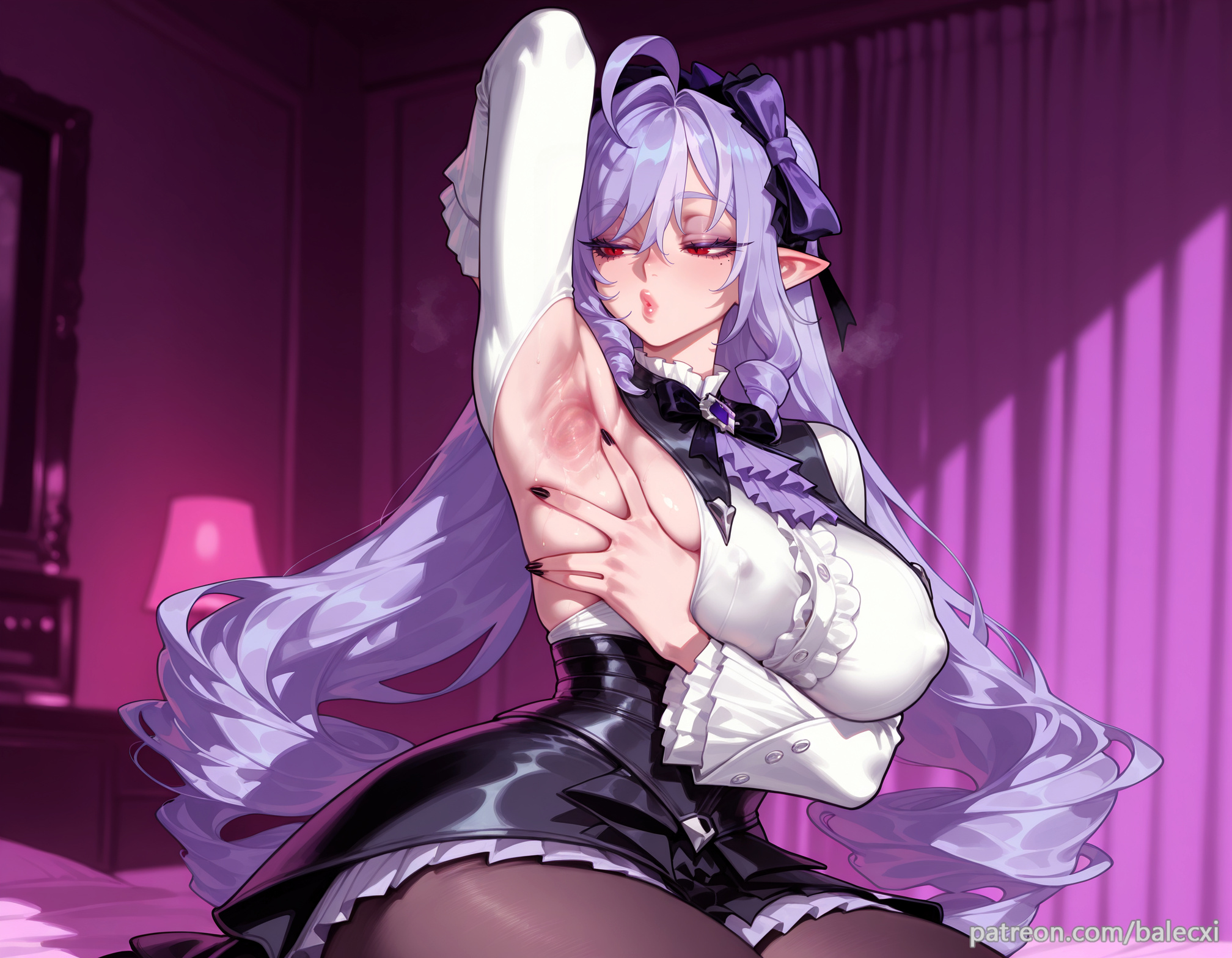 ahoge, ai generated, arm up, armpits, balecxi, black skirt, bow, breasts, covered nipples, female, frills, hoyoverse, indoors, large breasts, long hair, long sleeves, pantyhose, pointy ears, presenting armpit, purple hair, red eyes, sitting, solo, vivian banshee, white shirt, zenless zone zero