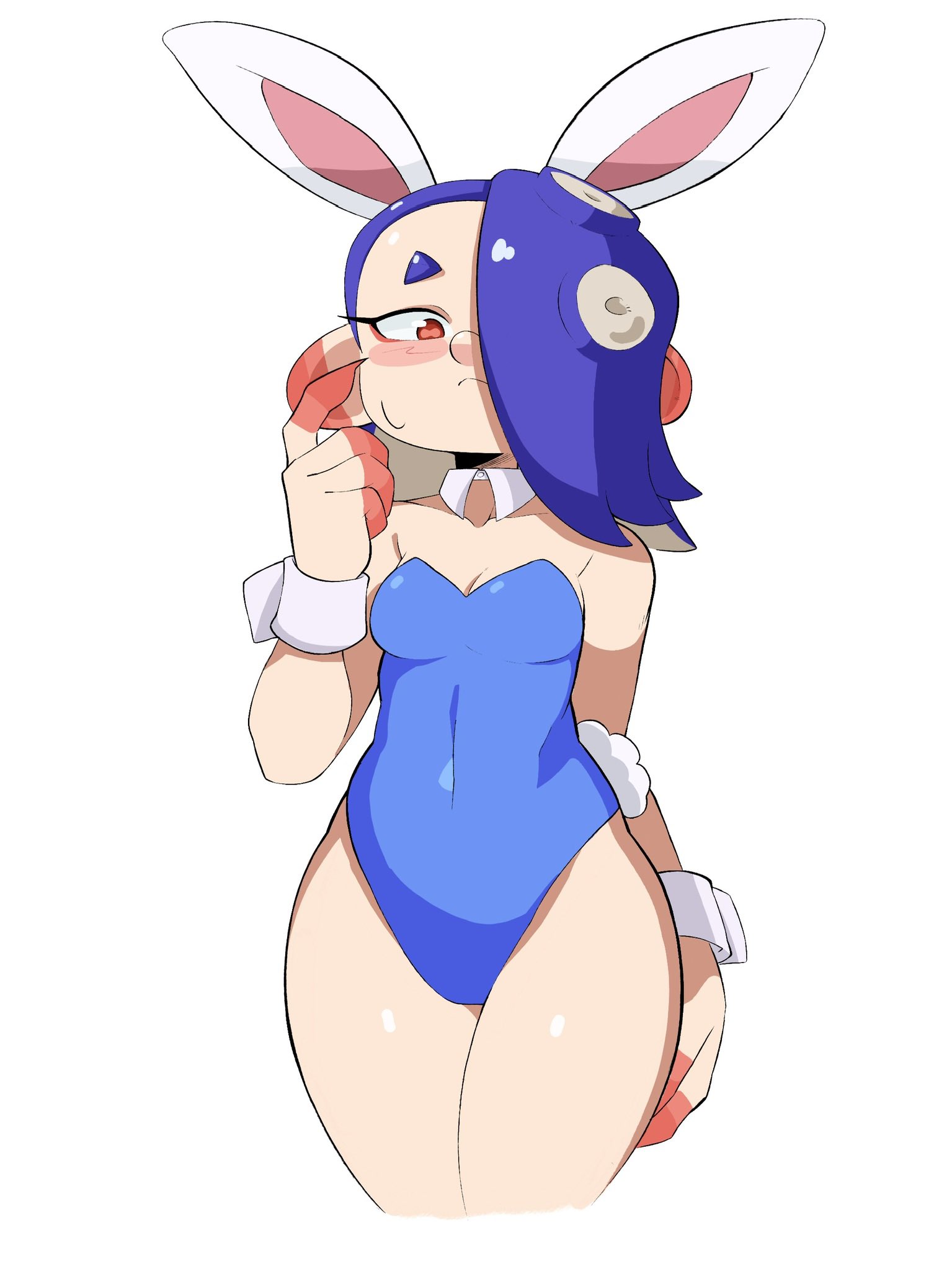 artist request, blue hair, breasts, bunny ears, bunny girl, bunnysuit, cleavage, covered navel, detached collar, female, hair covering eye, hair over one eye, looking at viewer, nintendo, playboy bunny, red eyes, shiny skin, shiver (splatoon), simple background, splatoon, splatoon (series), splatoon 3, tentacle hair, thighs, white background