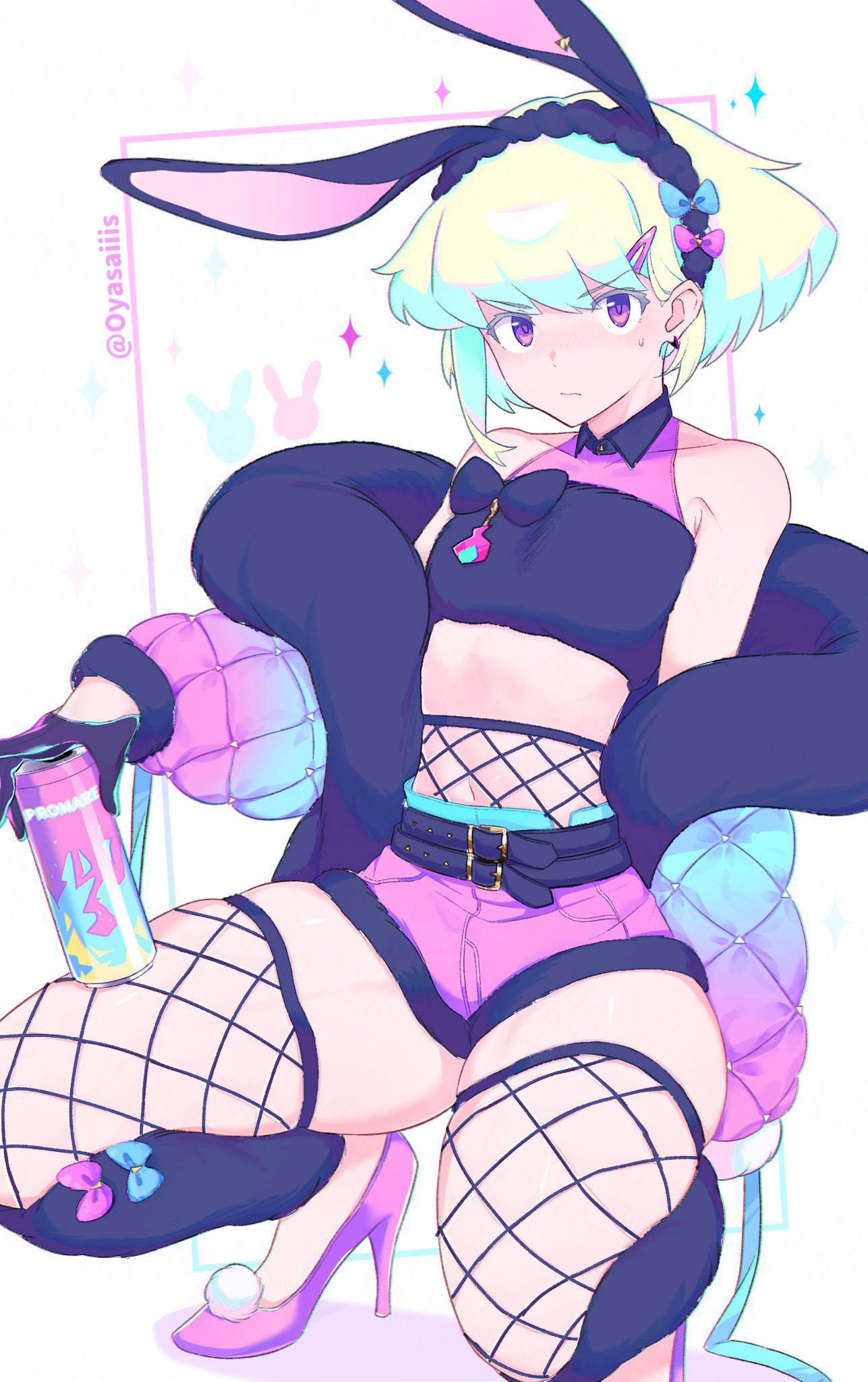 1boy, 2d, androgynous, art, bob cut, bunny ears, can, color, crossdressing, embarrassed, energy drink, fake animal ears, fake rabbit ears, femboy, femboy only, femboy solo, fishnet stockings, fishnets, full color, heels, high heels, lio fotia, looking at viewer, male, male only, minishorts, oyasaiiis, promare, purple eyes, short hair, short shorts, shorts, sissy, solo, squatting, stockings, thick thighs, twink