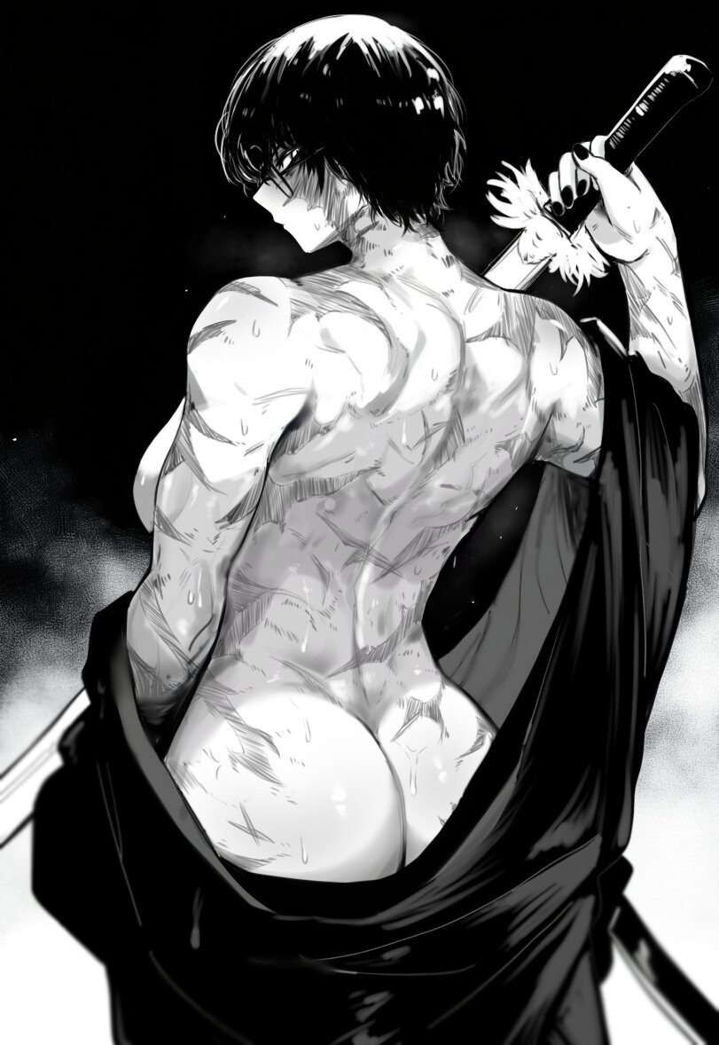 ass, casual nudity, clothing, female, jujutsu kaisen, maki zenin, masoq095, mostly nude, nude, scars, solo, sword, tagme, zenin maki