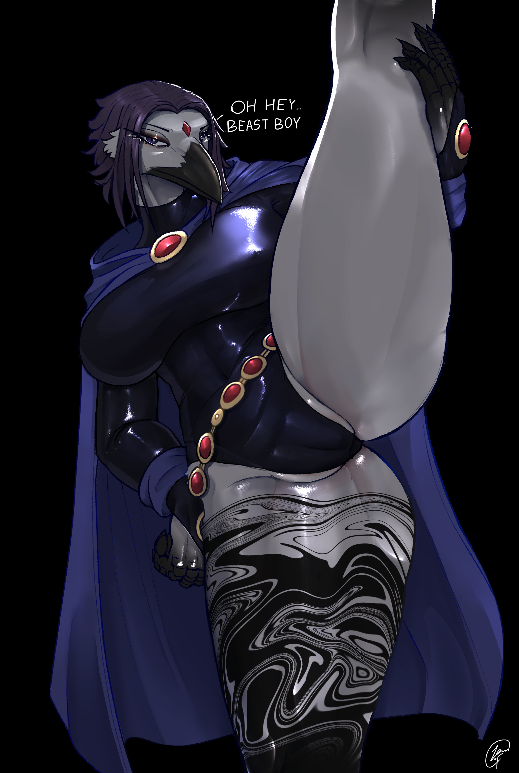 1girls, 2025, abs, alternate species, anthro, avian, beak, big breasts, bird, breasts, camel toe, cape, cartoon network, clothed, clothing, corvid, corvus (genus), dc, dc comics, dialogue, digital drawing (artwork), digital media (artwork), english text, female, female only, flexible, furrification, hair, huge breasts, huge thighs, leotard, looking at viewer, low-angle view, mammal, non-mammal breasts, one leg up, oscine, passerine, raised leg, raven, raven (dc), solo, splits, standing split, talking to viewer, tattooed leg, teen titans, teen titans (television series), text, thick thighs, wide hips, zenfry