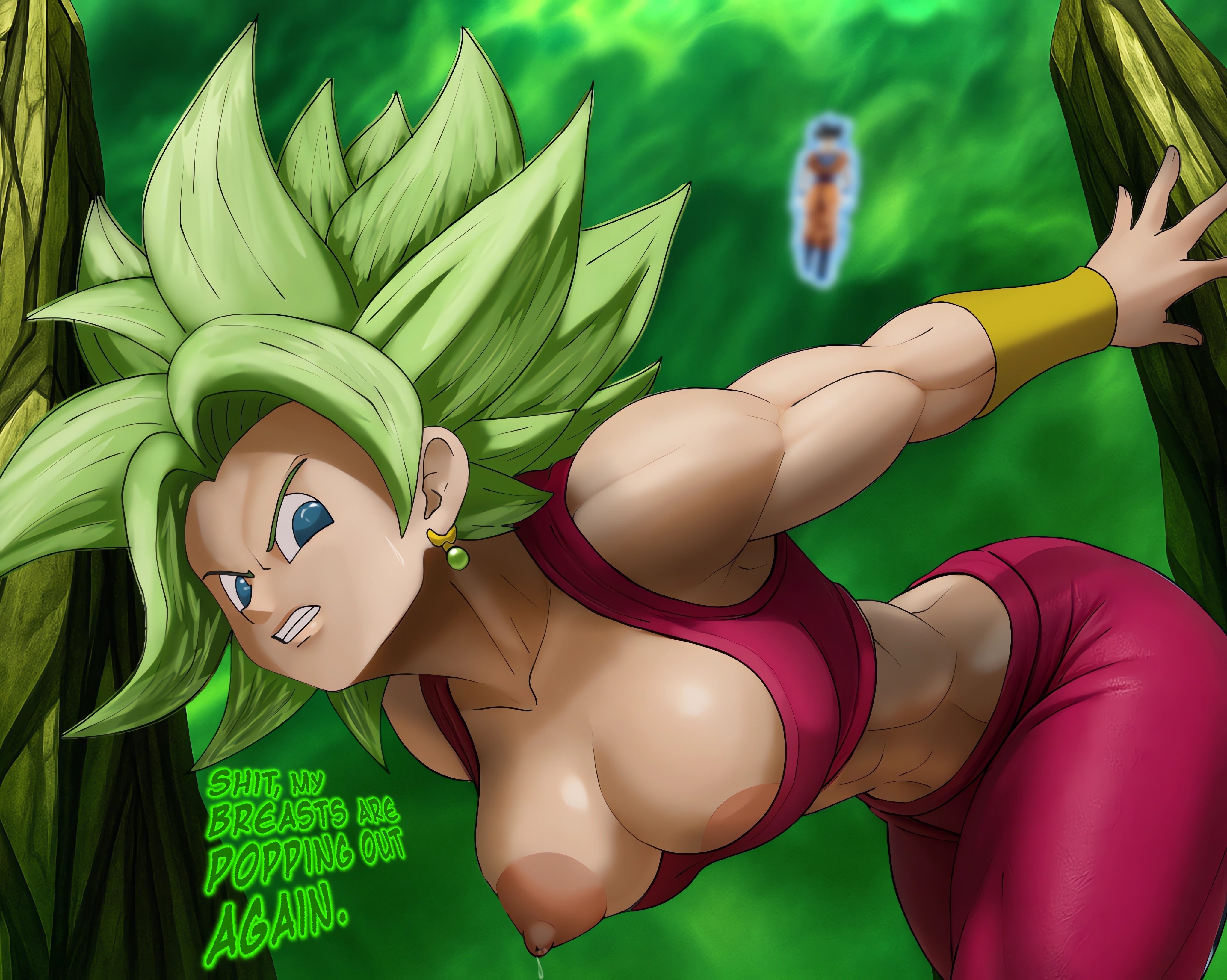 1boy, 1boy1girl, 1girls, black hair, blue eyes, dragon ball, dragon ball super, dragon ball z, dragonball super, earrings, female, fusion, goku, green eyes, green hair, kefla, kefla (dragon ball), male, mr.lesbiatan, potara earrings, potara fusion, son goku