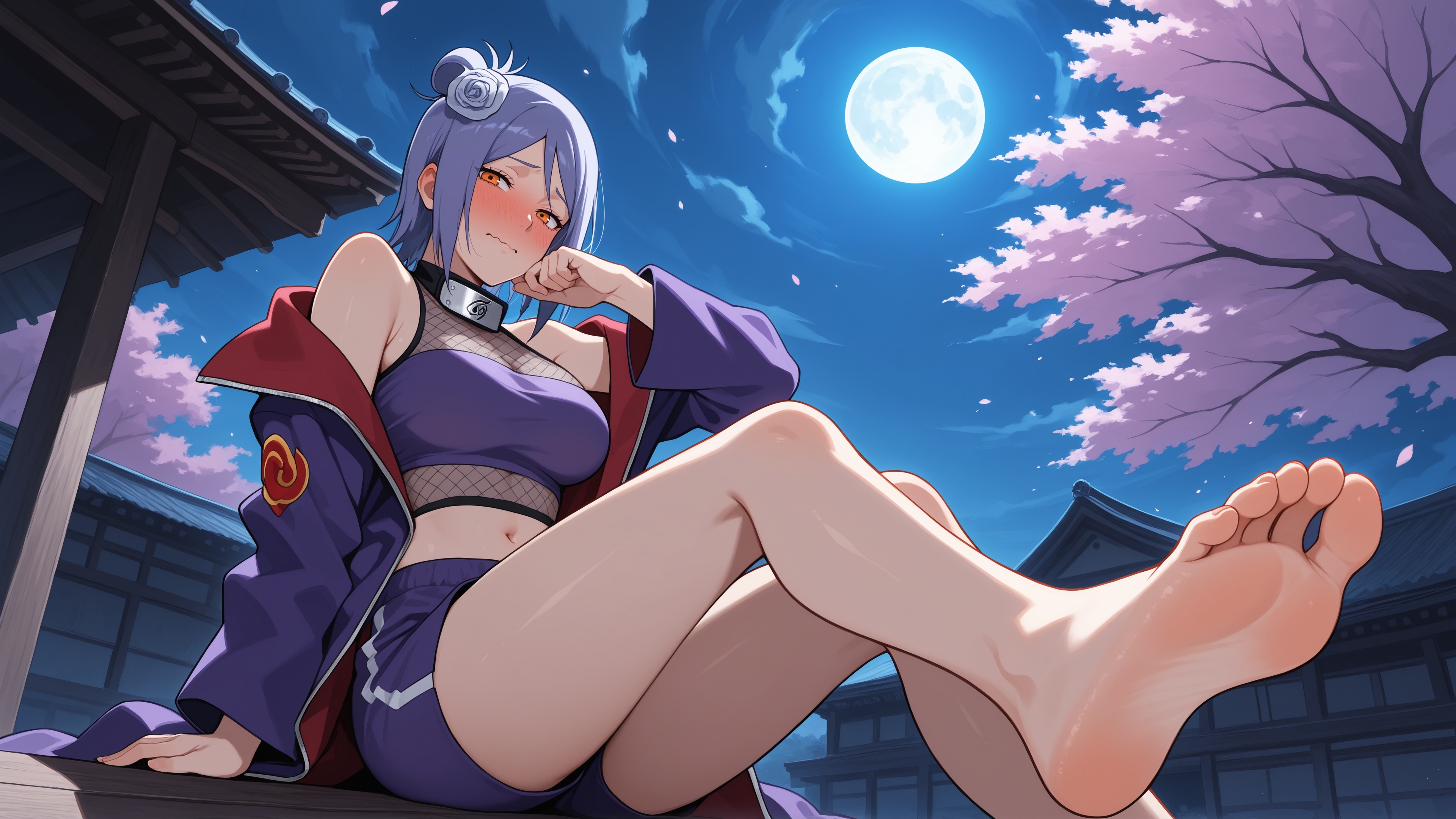 ai generated, akatsuki (naruto), arm support, bare shoulders, bare tree, barefoot, blue hair, blush, breasts, building, cherry blossoms, cloud, cloudy sky, erosaga, feet, female, fence, foot focus, full moon, hair bun, jacket, konan, large breasts, looking at viewer, midriff, moon, moonlight, naruto (series), naruto shippuden, navel, night, night sky, off shoulder, outdoors, petals, red moon, shorts, sitting, sky, soles, solo, toes, tree, window