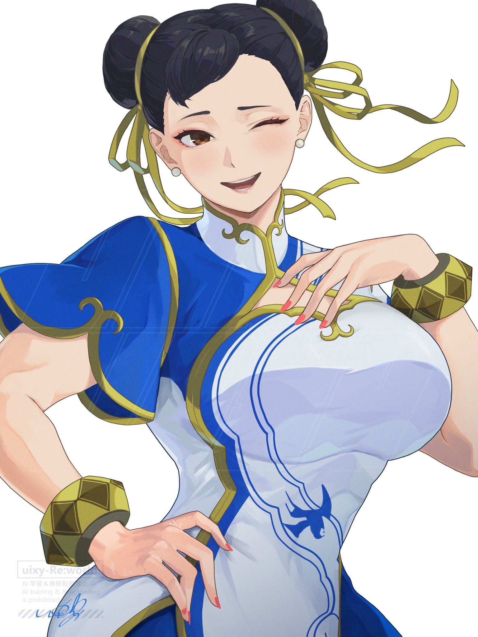 big breasts, bracelet, breasts, brown eyes, brown hair, capcom, china dress, chinese clothes, chun-li, chun-li (street fighter 6), dress, earrings, female, female only, hand on own chest, highres, jewelry, large breasts, leggings, looking at viewer, makeup, one eye closed, open mouth, pearl earrings, short hair, signature, smile, solo, street fighter, street fighter 6, uixy, upper body, watermark, white background